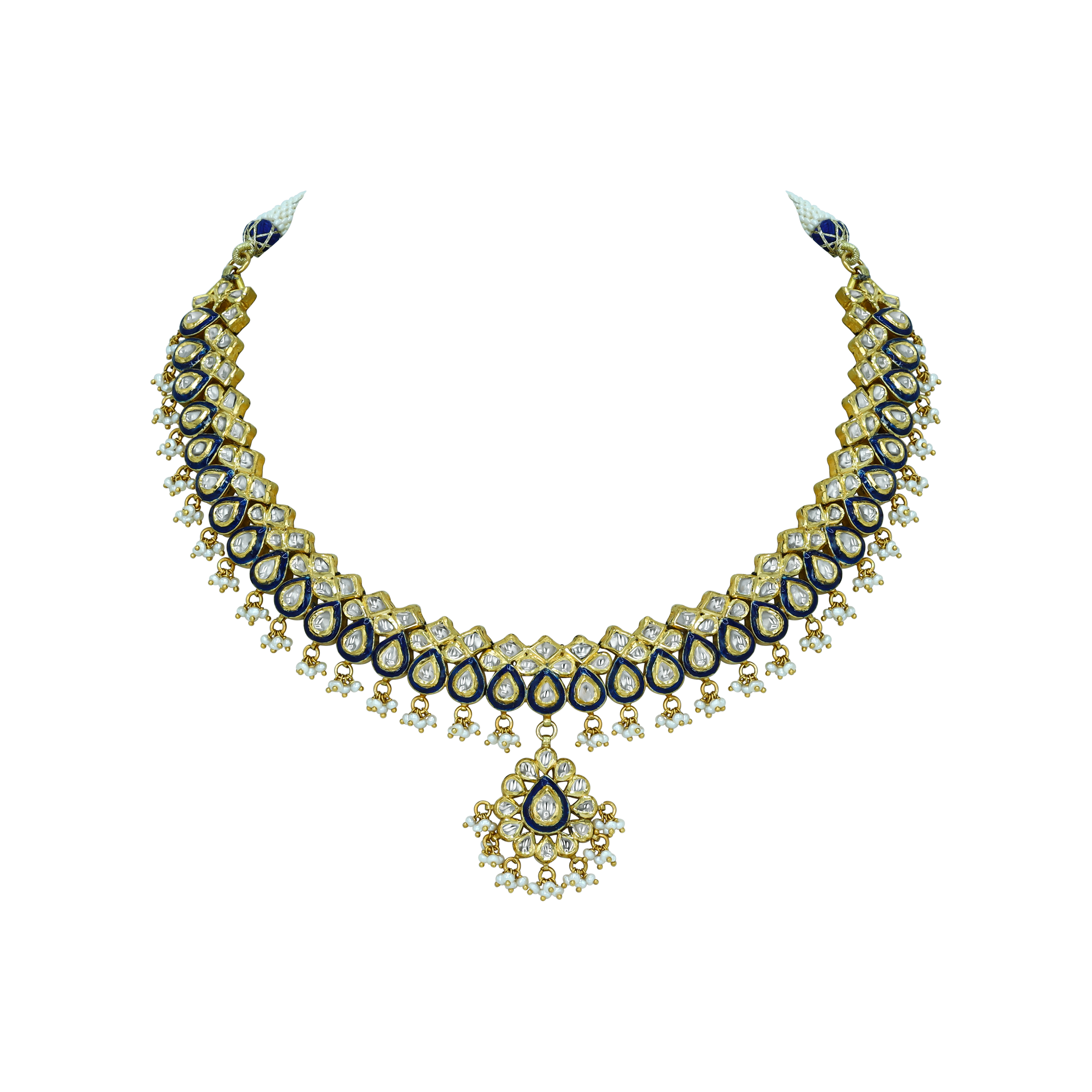 Layered Polki Necklace with Blue Enamel and Pearls