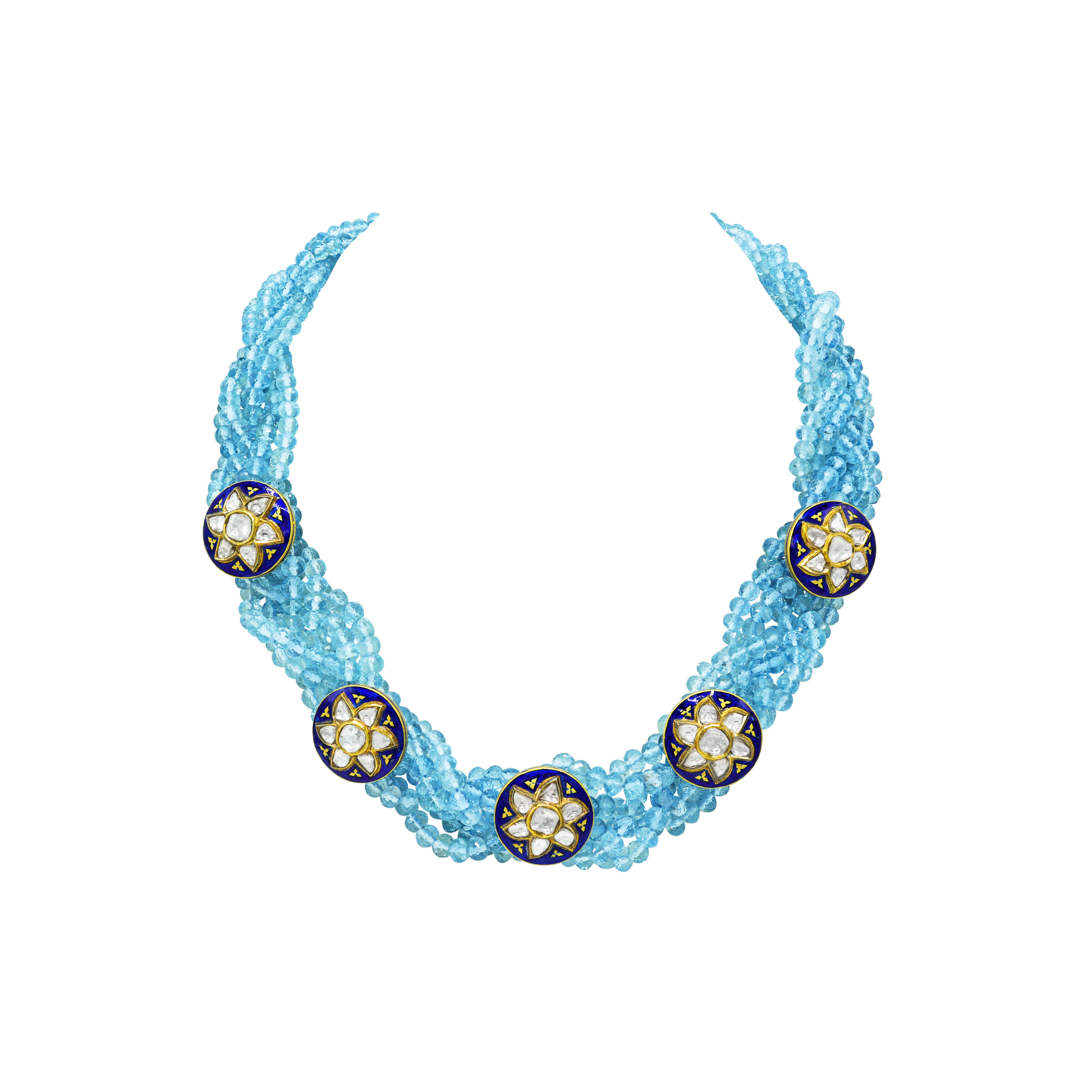 Blue Bead Necklace with Star Meena Buttons and Polki