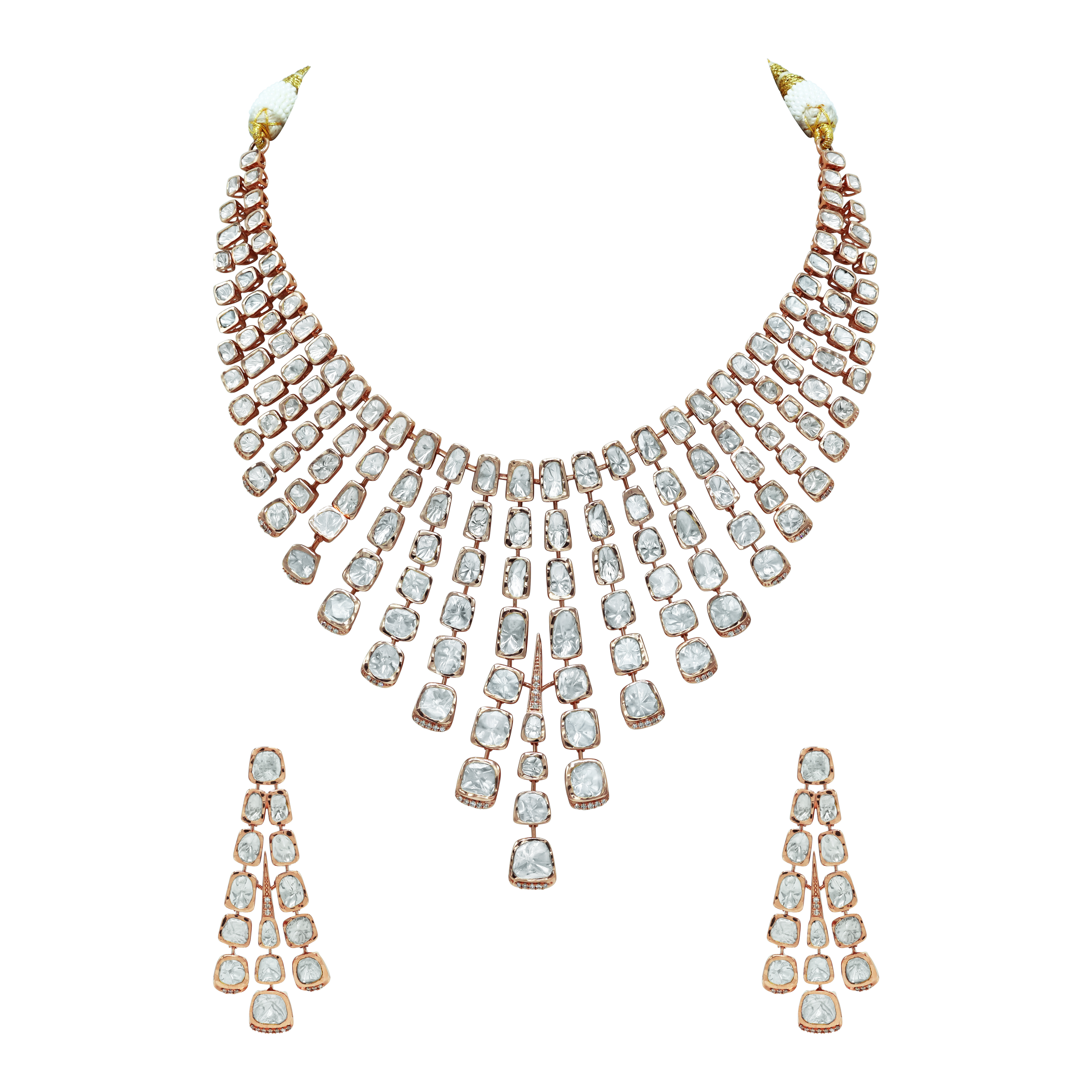 Rose Gold Polki Necklace Set with Cascading Fan-Like Design