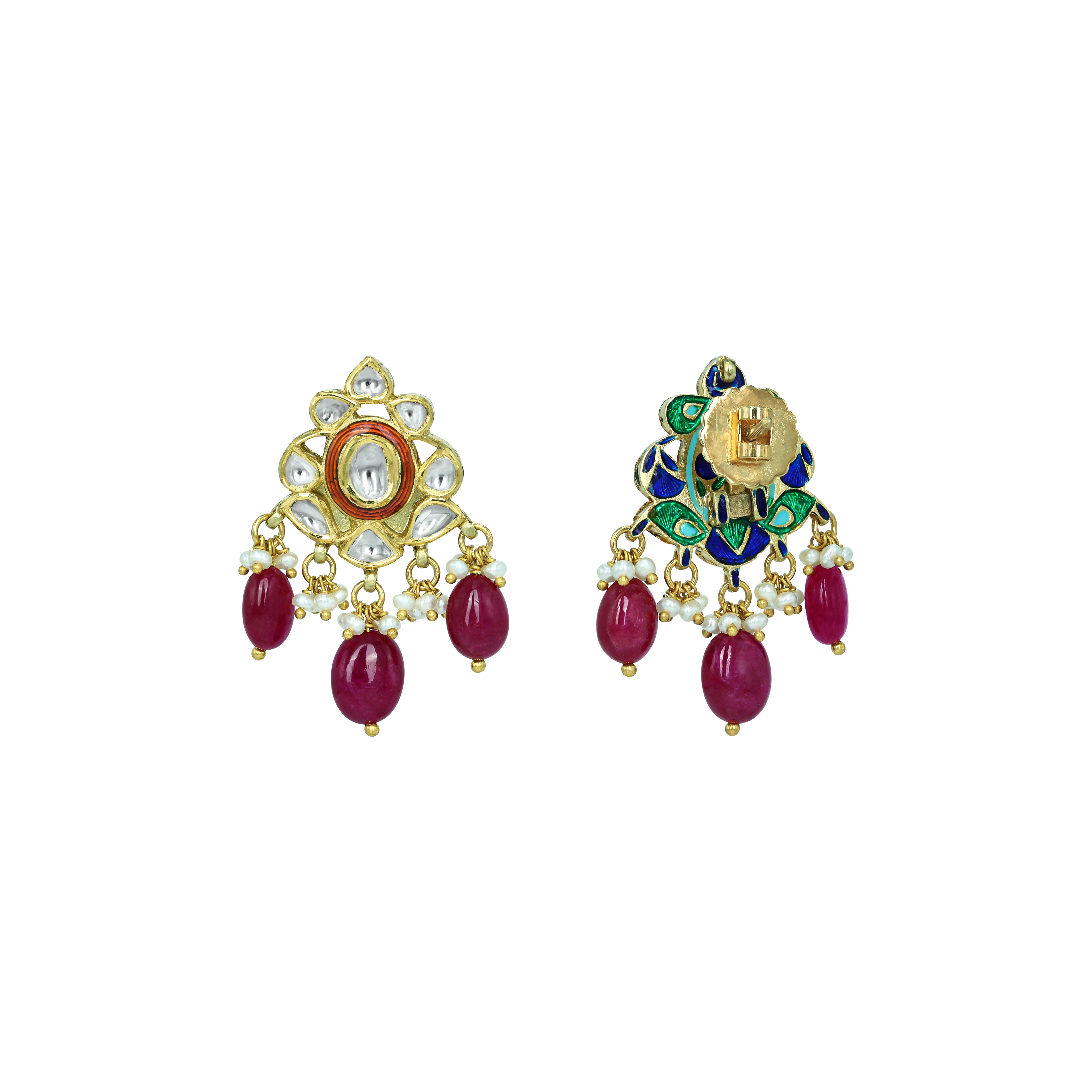 Polki Earrings with Red Enamel, Ruby Drops, and Pearls