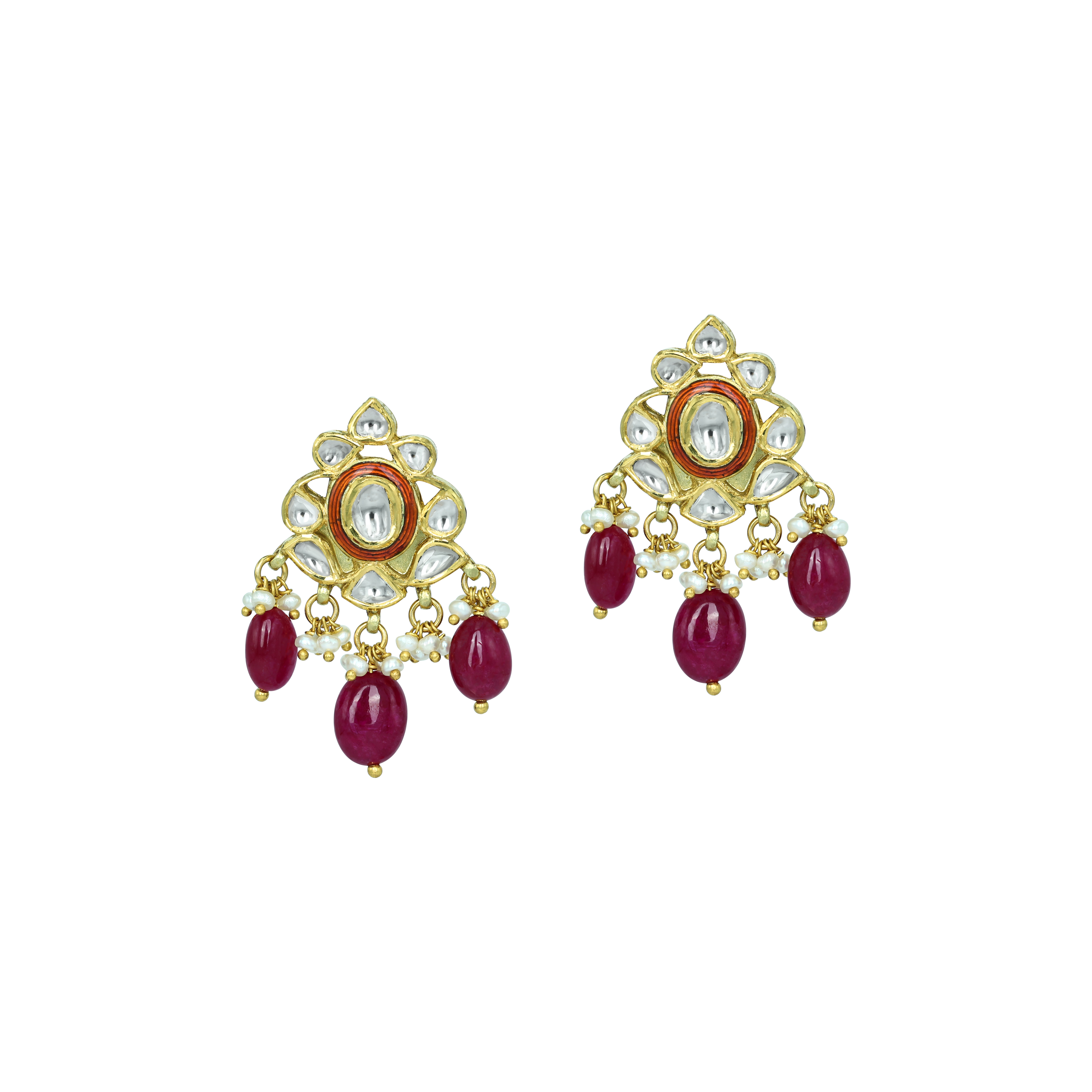 Polki Earrings with Red Enamel, Ruby Drops, and Pearls