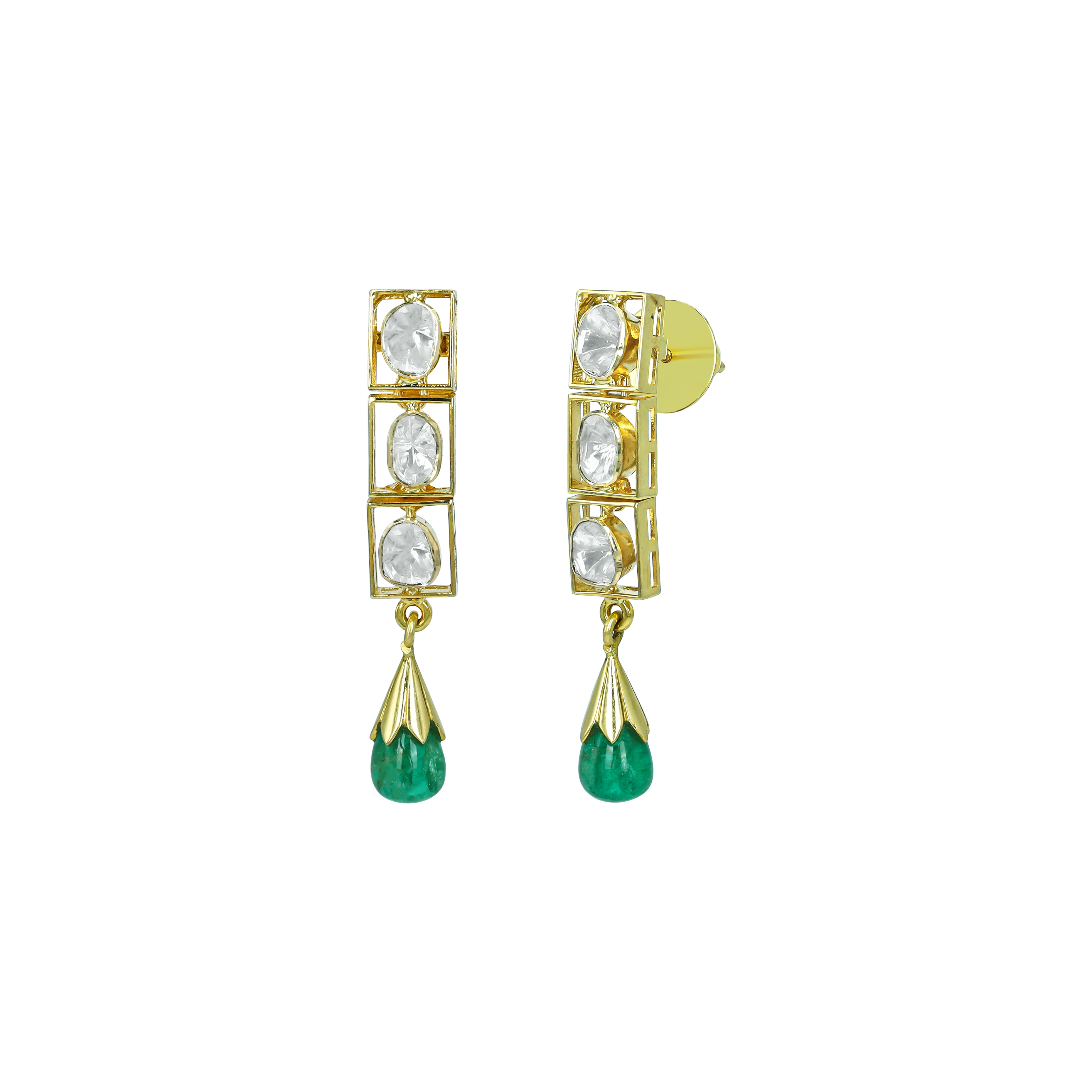 Linear Polki Diamond Earrings with Gold Frame and Emerald Drops