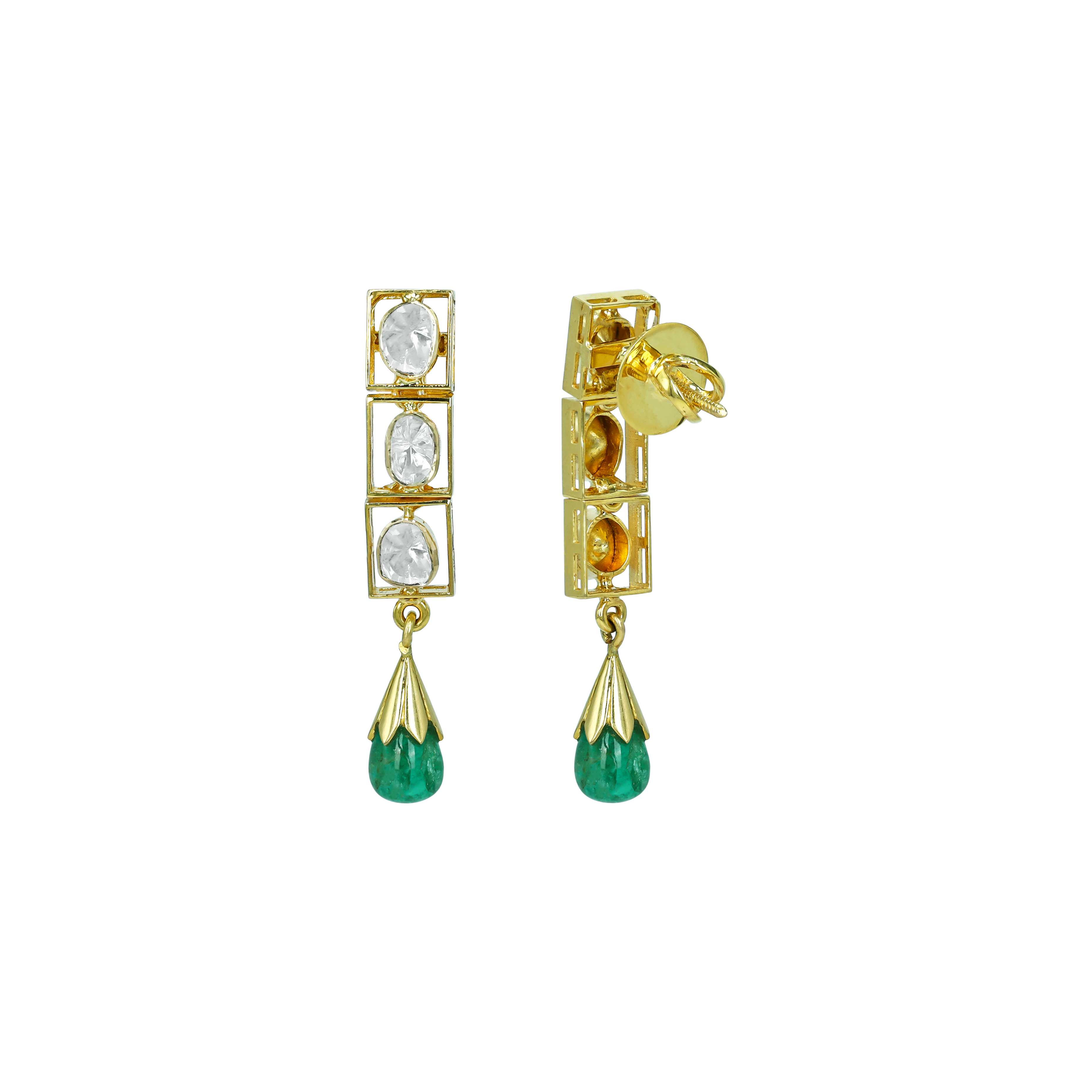 Linear Polki Diamond Earrings with Gold Frame and Emerald Drops