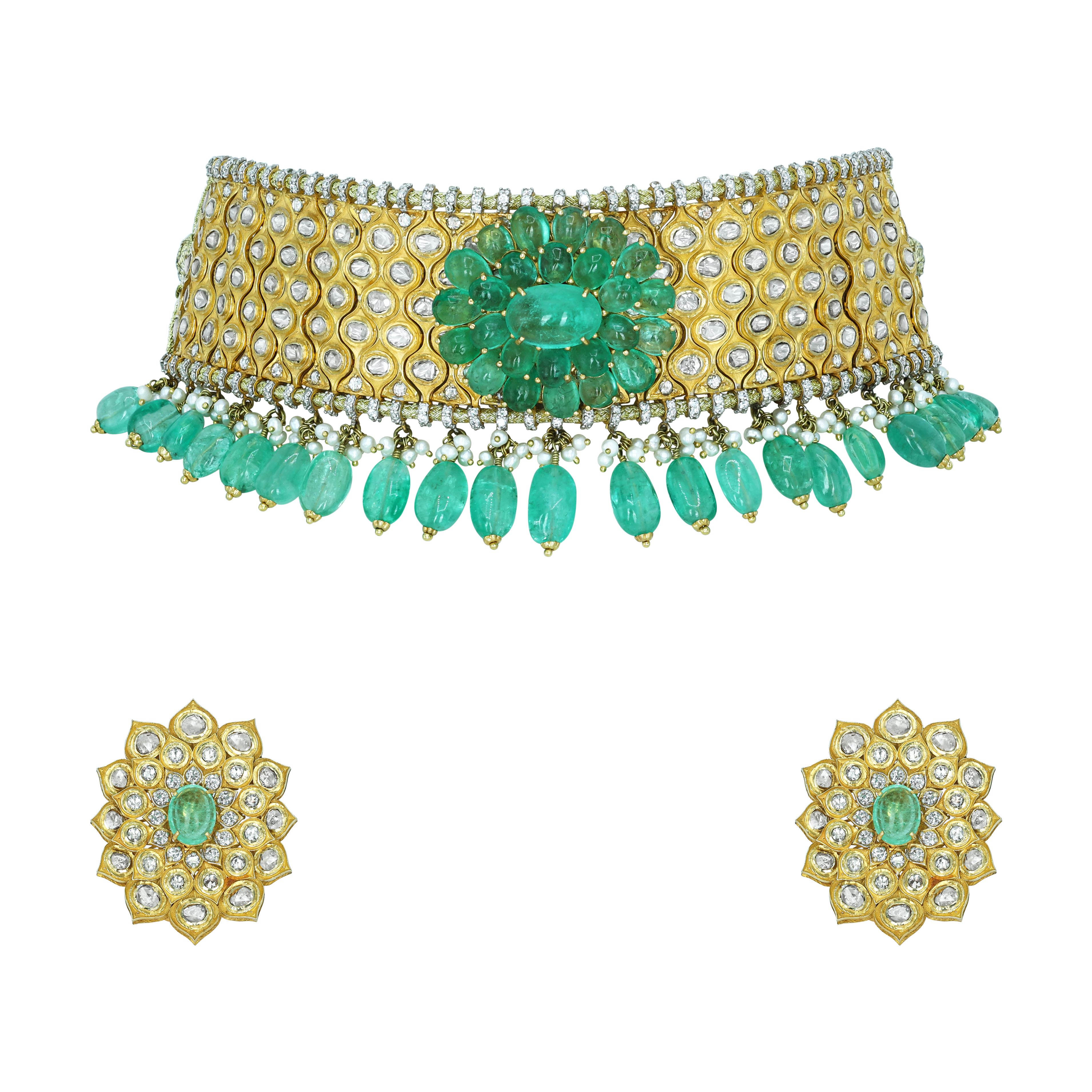 Polki Choker Set with Emerald Floral Motif and Drops