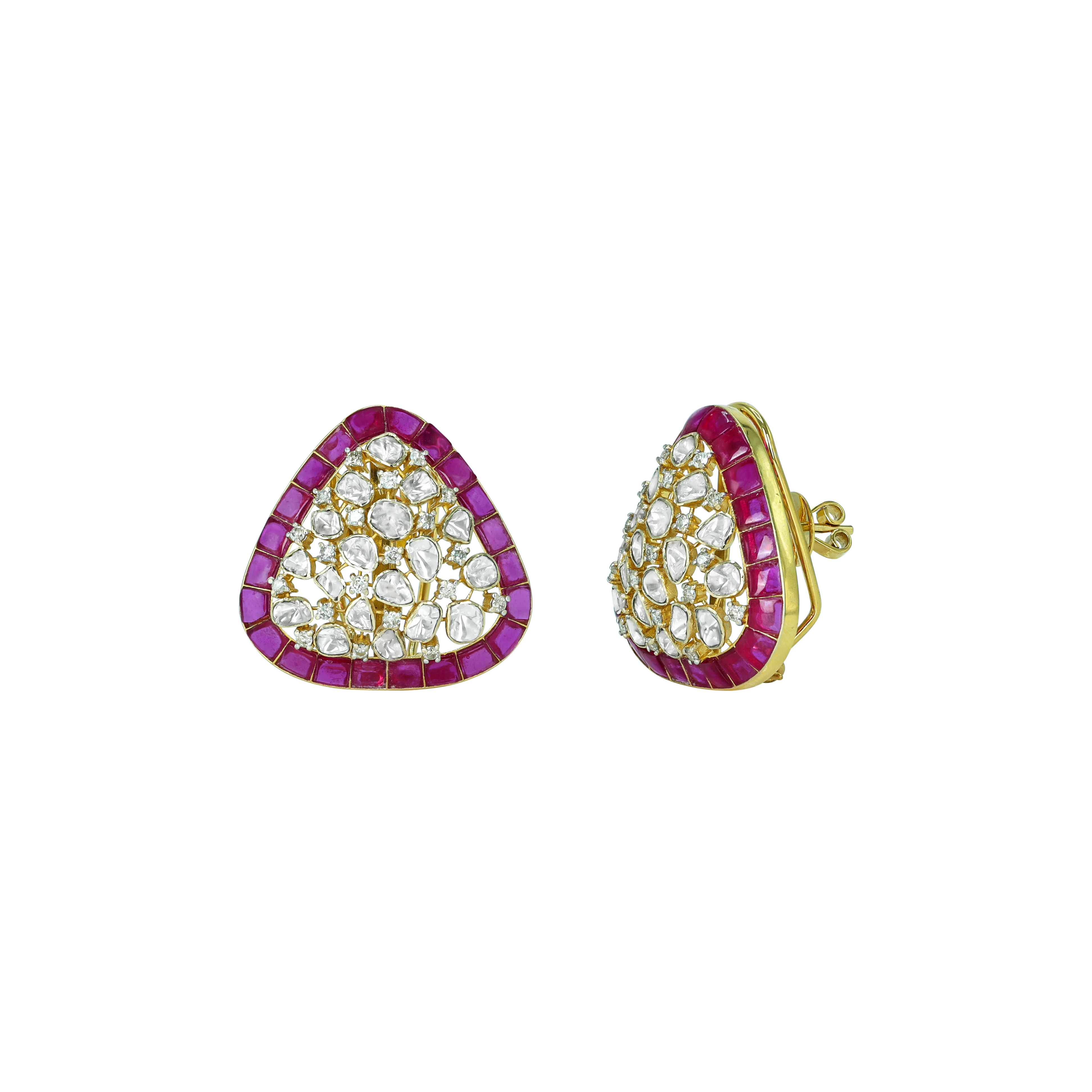 Triangular Polki Earrings with Magenta Borders
