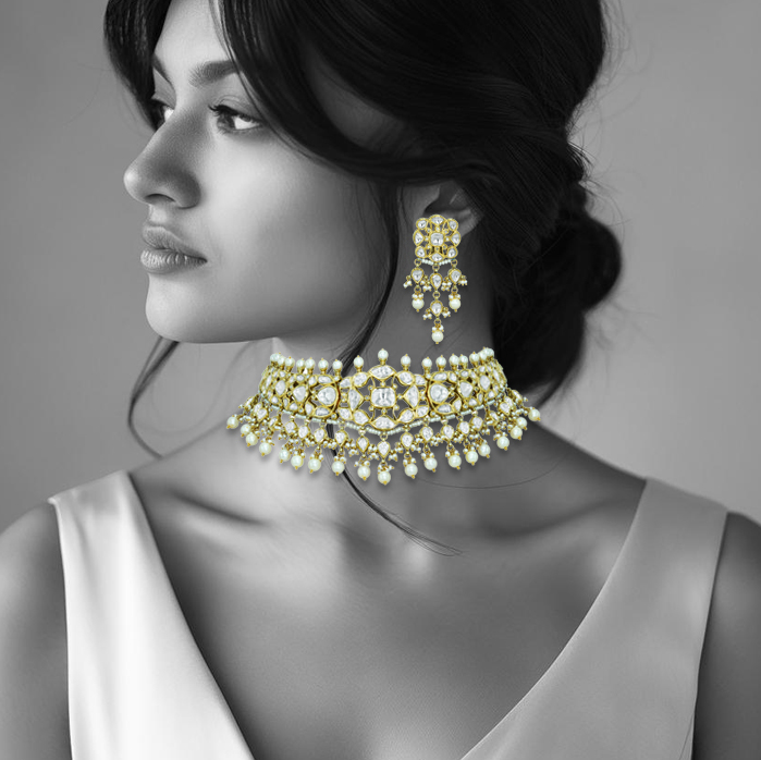 Ivory Polki Choker Set with Pearl Clusters