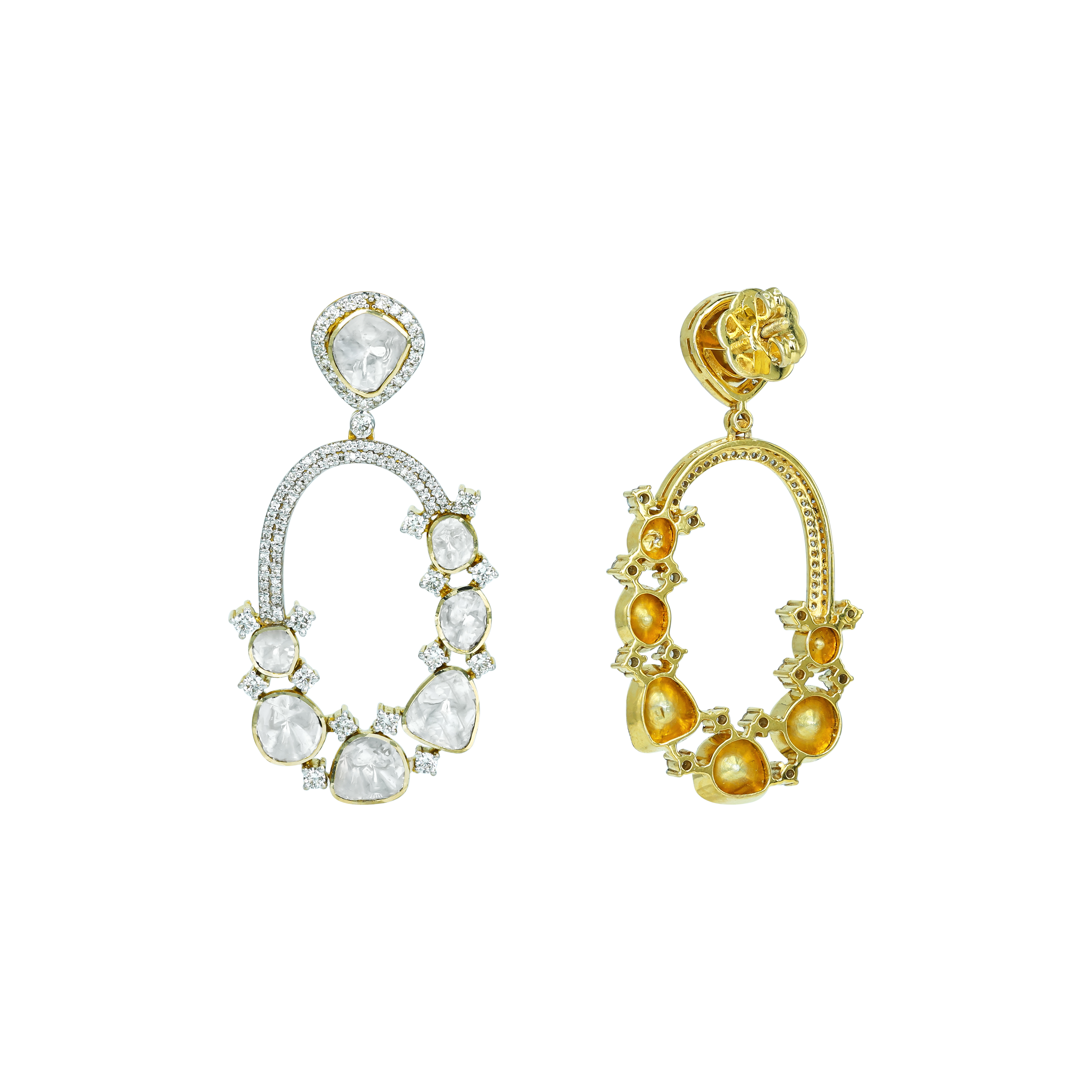 Elongated Polki Loop Earrings with Halo Diamond Detailing