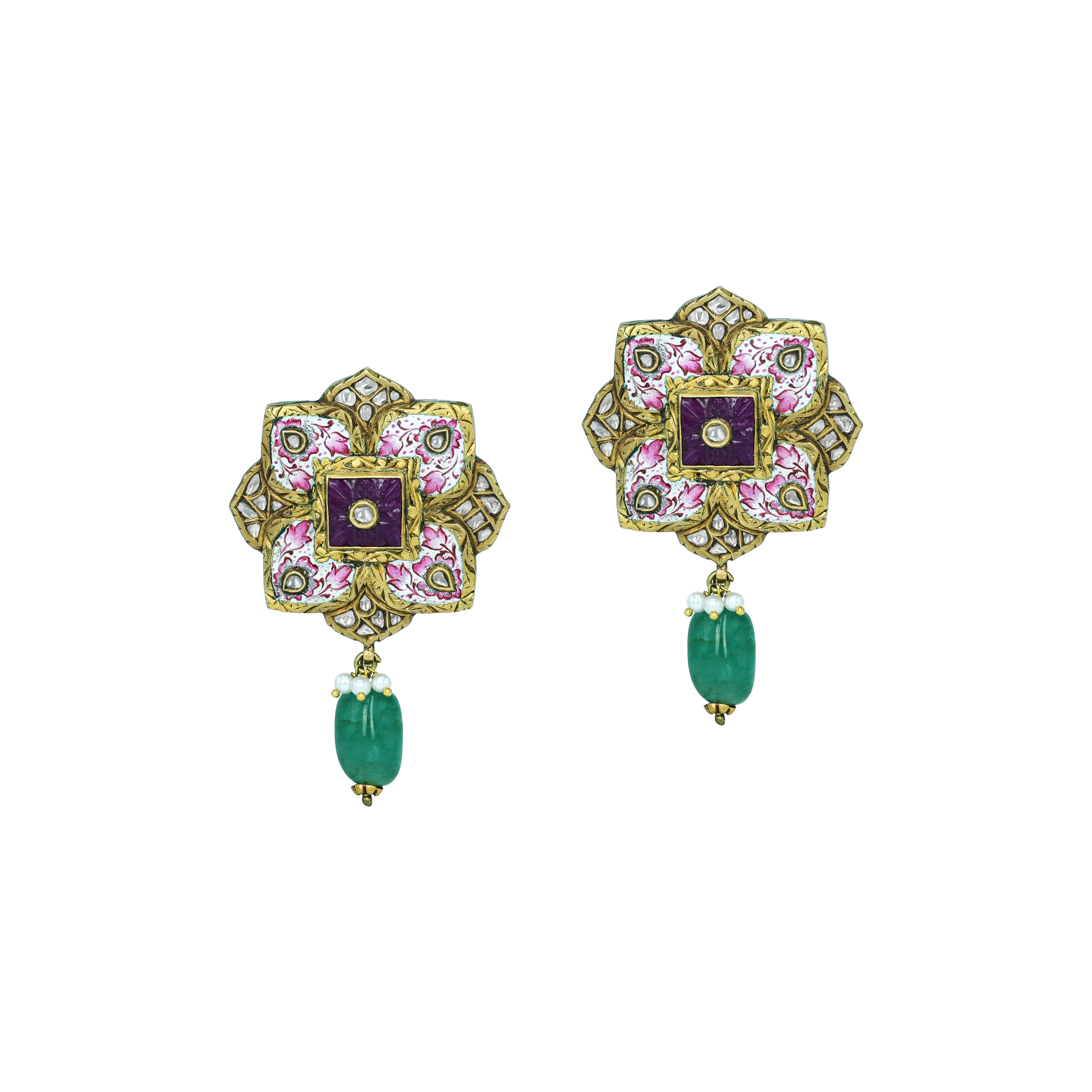 Floral Enamel Earrings with Polki and Emerald Drop