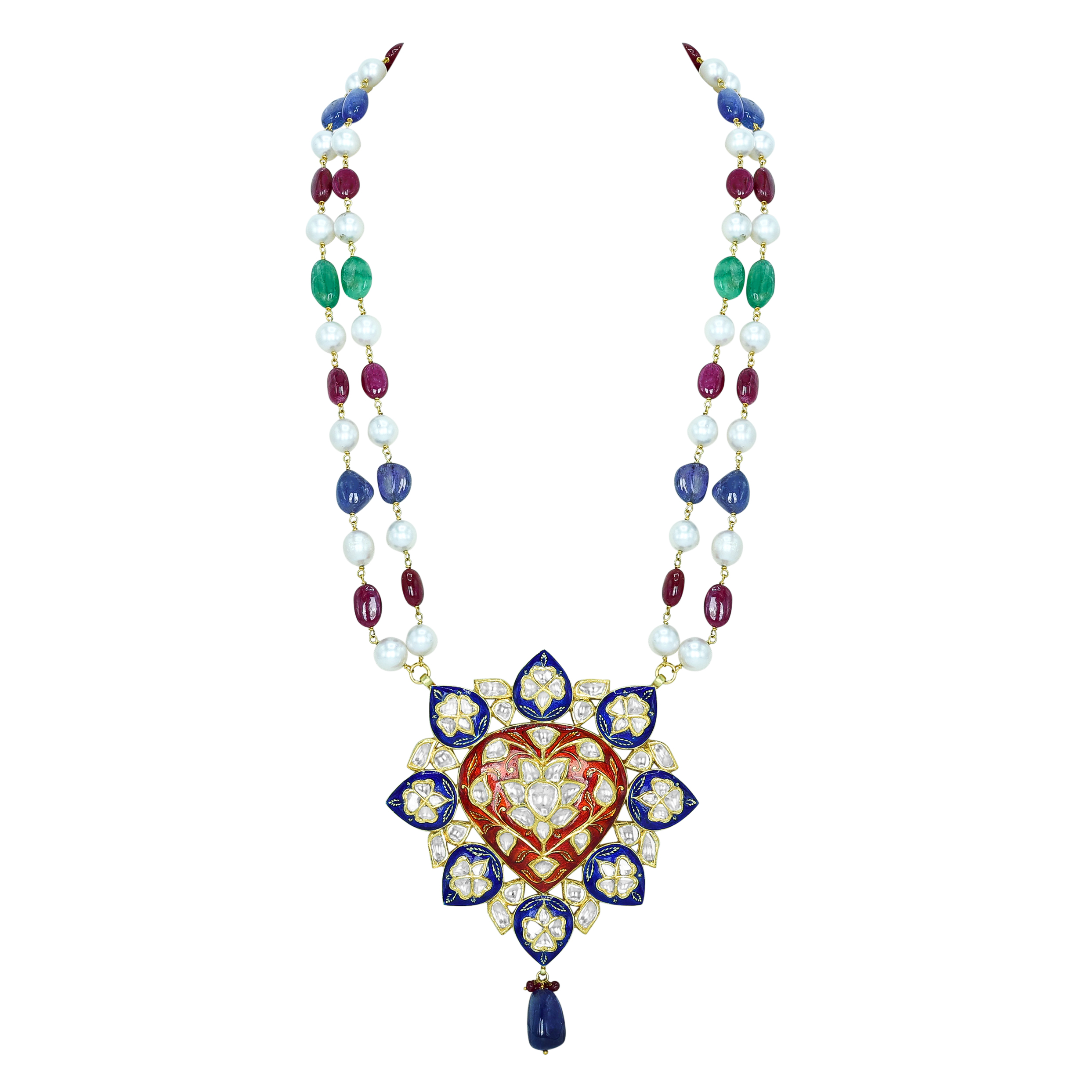 Floral Polki Necklace with Blue Red Enamel, Pearls, and Multi Gemstone Beads
