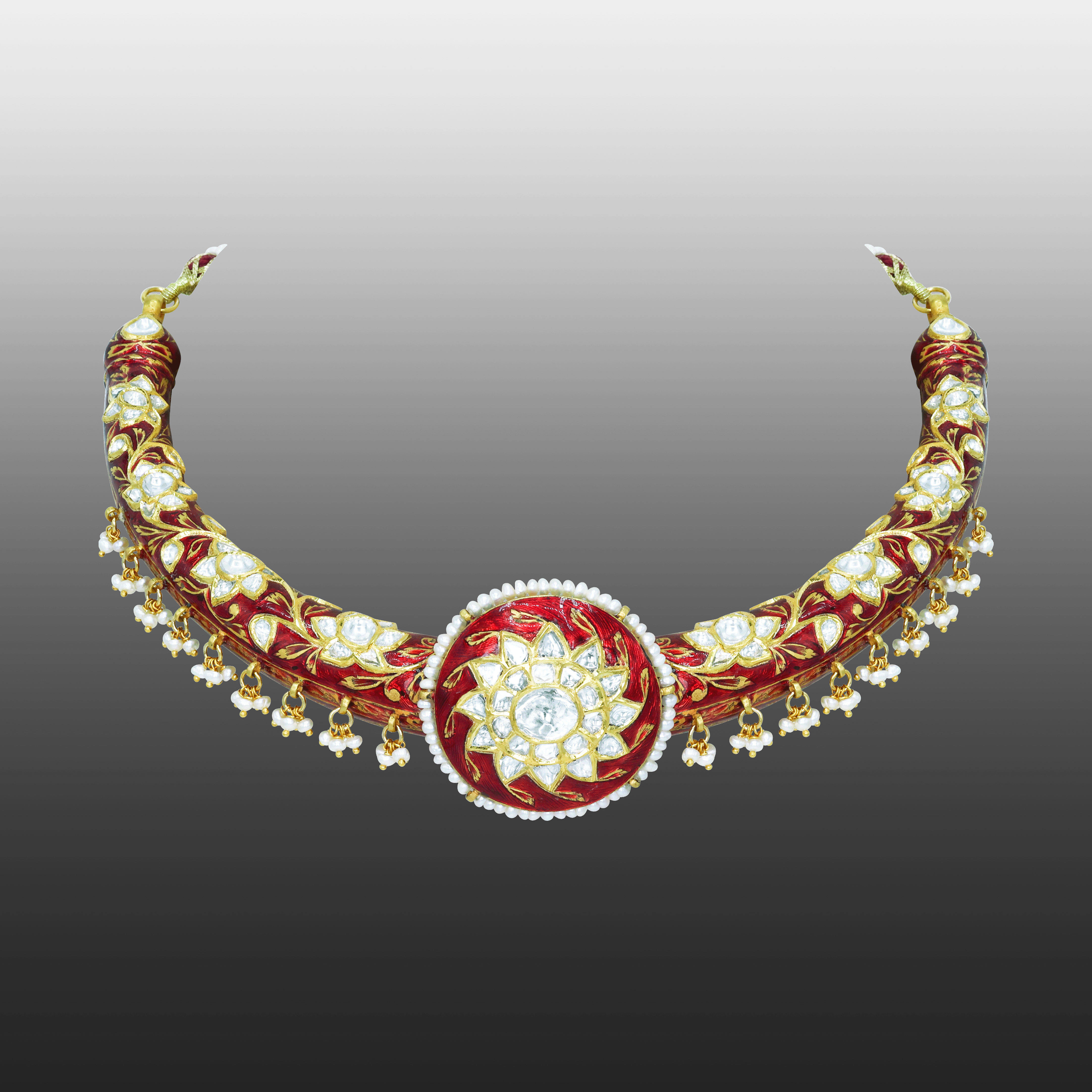 Regal Polki Hasli Necklace with Red Enamel and Pearl Beads
