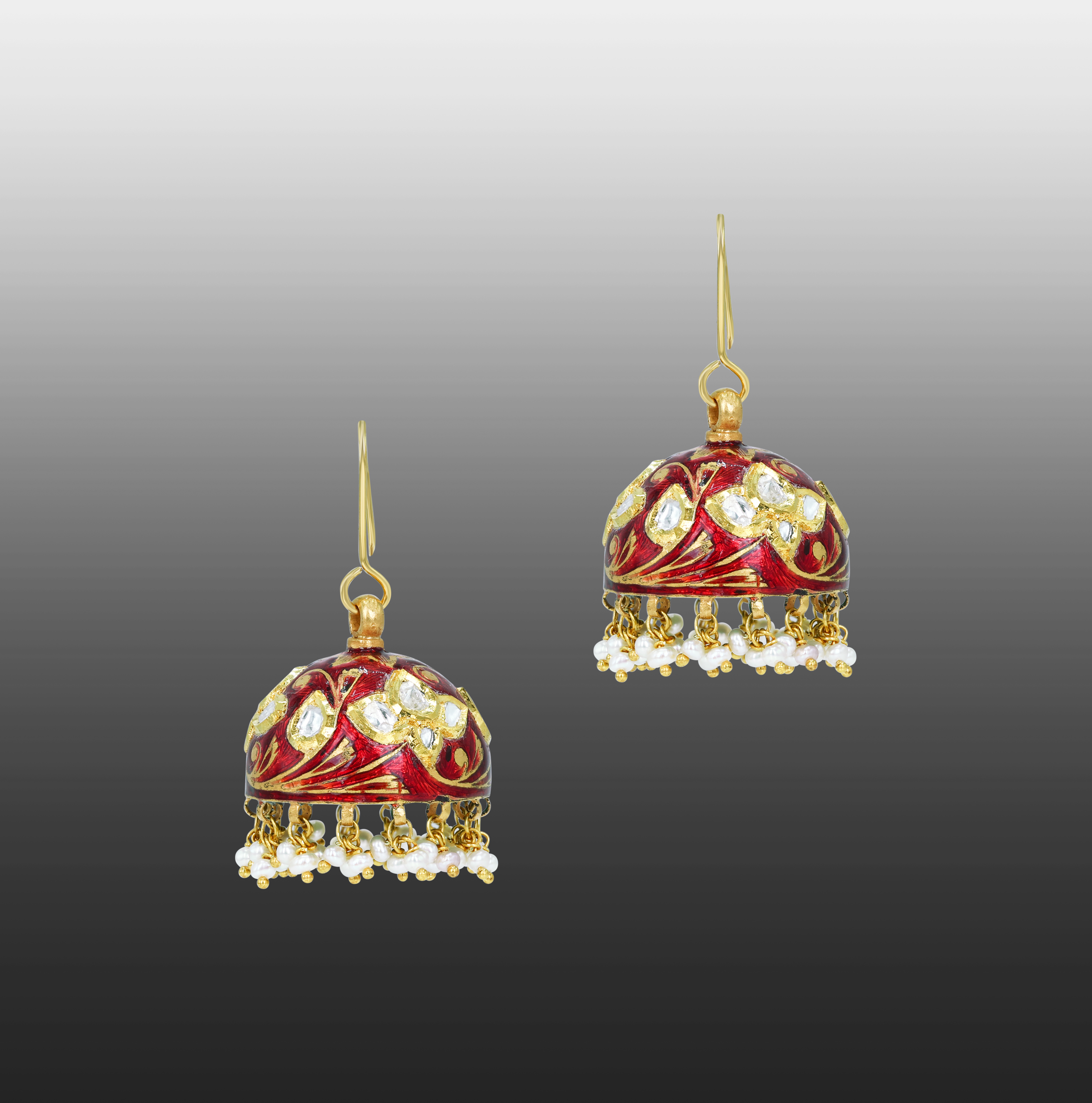 Red Enamel Polki Jhumkas with Floral Motifs and Pearl Beads