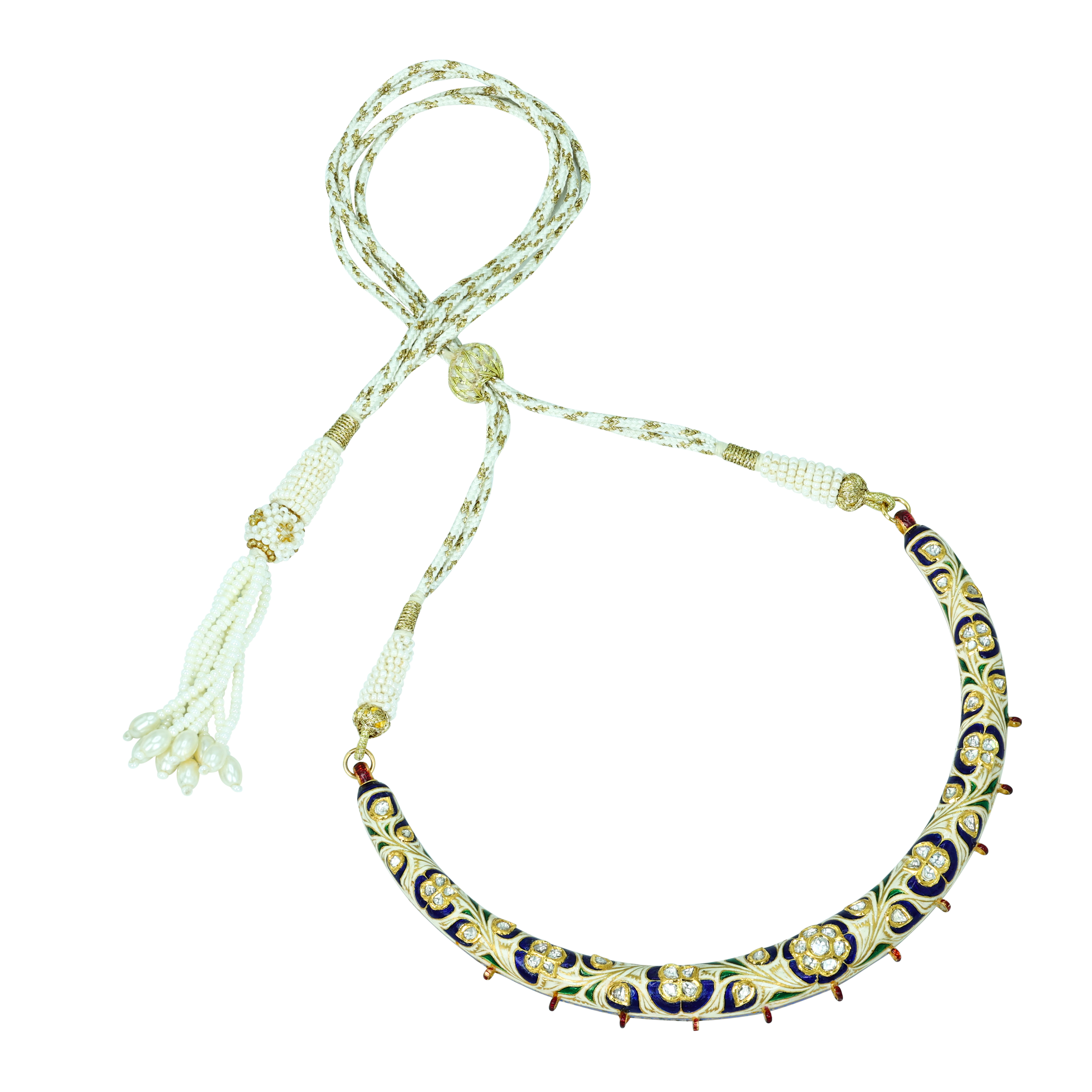 Blue Enamel Hasli Necklace Set with Polkis and Green Accents