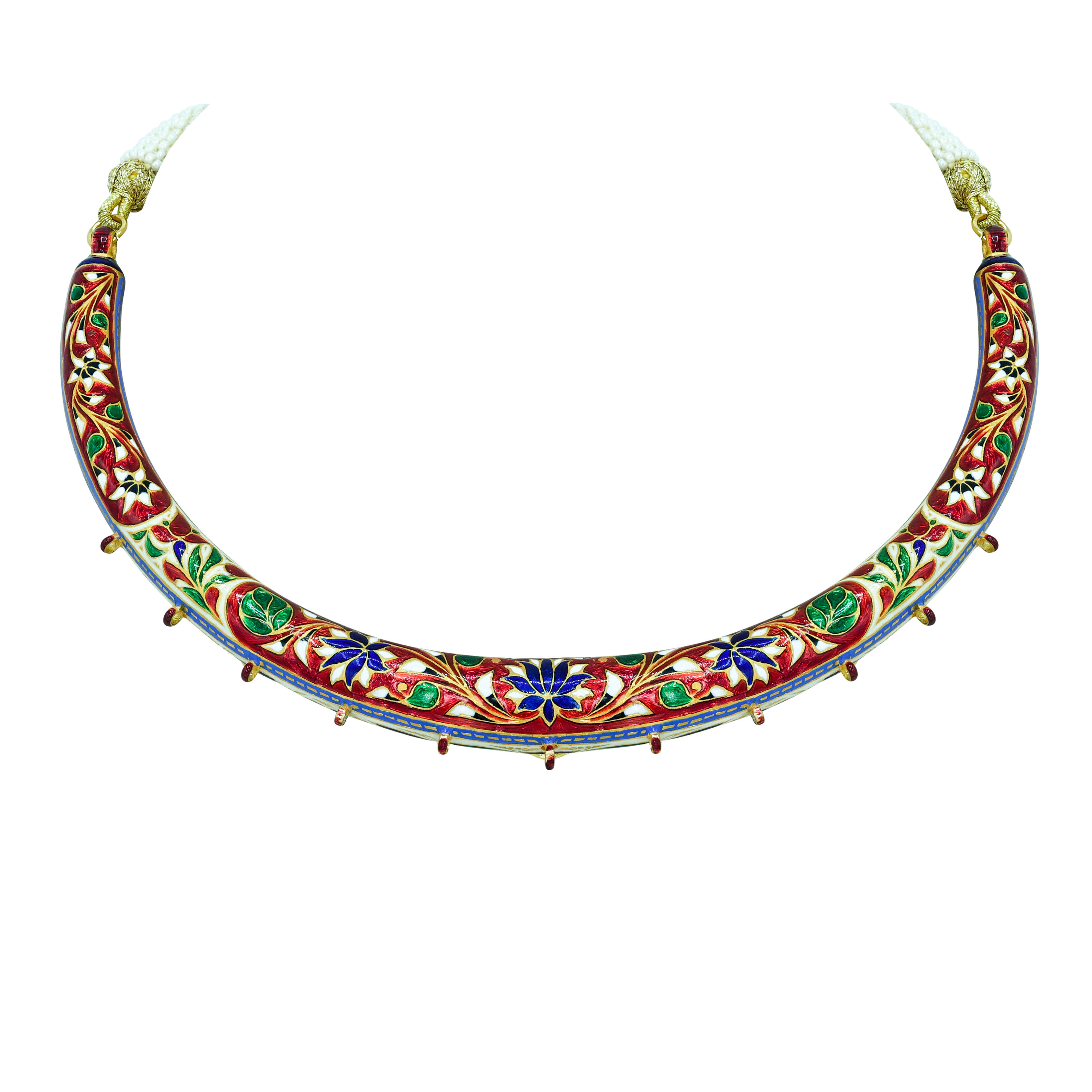Blue Enamel Hasli Necklace Set with Polkis and Green Accents