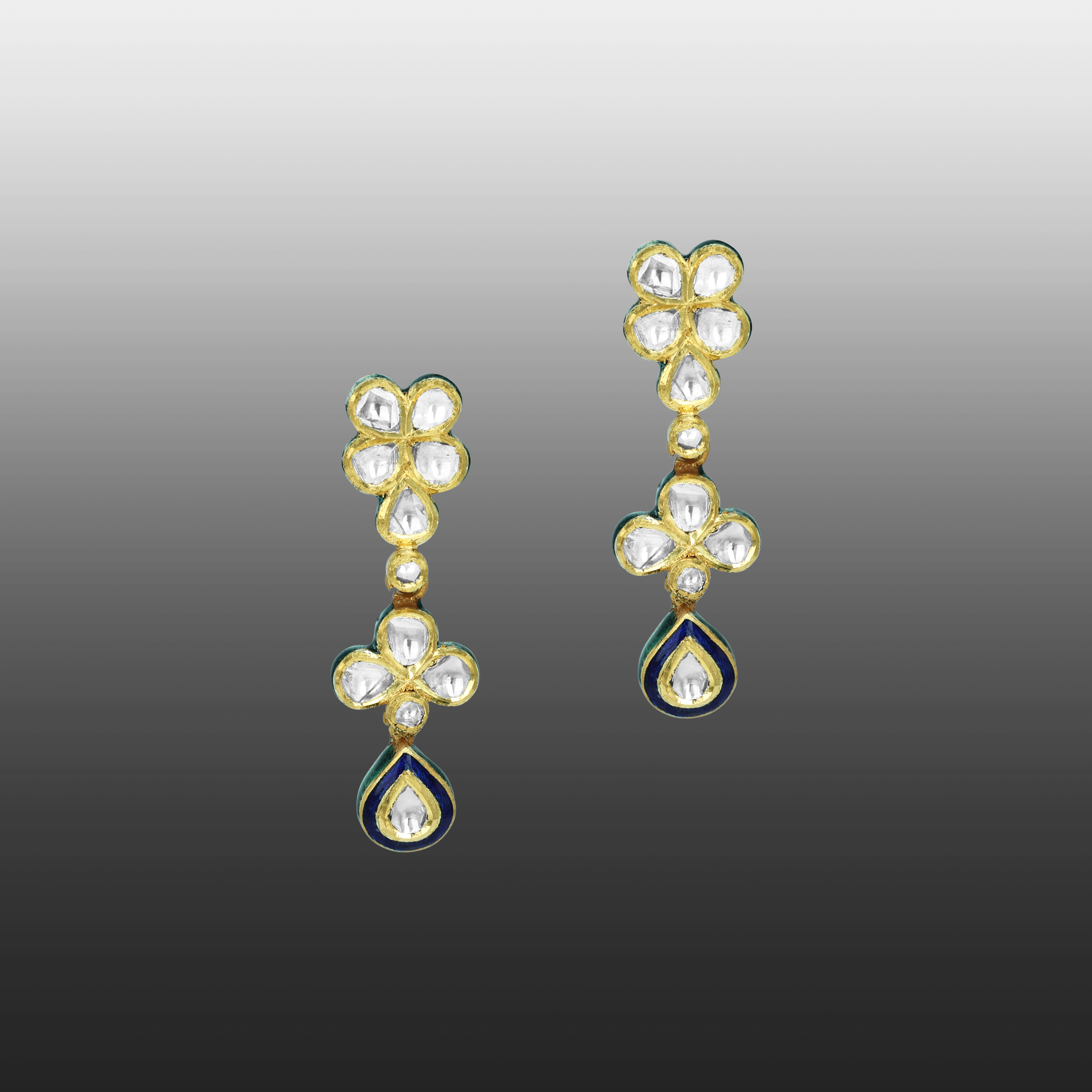 Floral Polki Earrings with Blue Enamel Drops