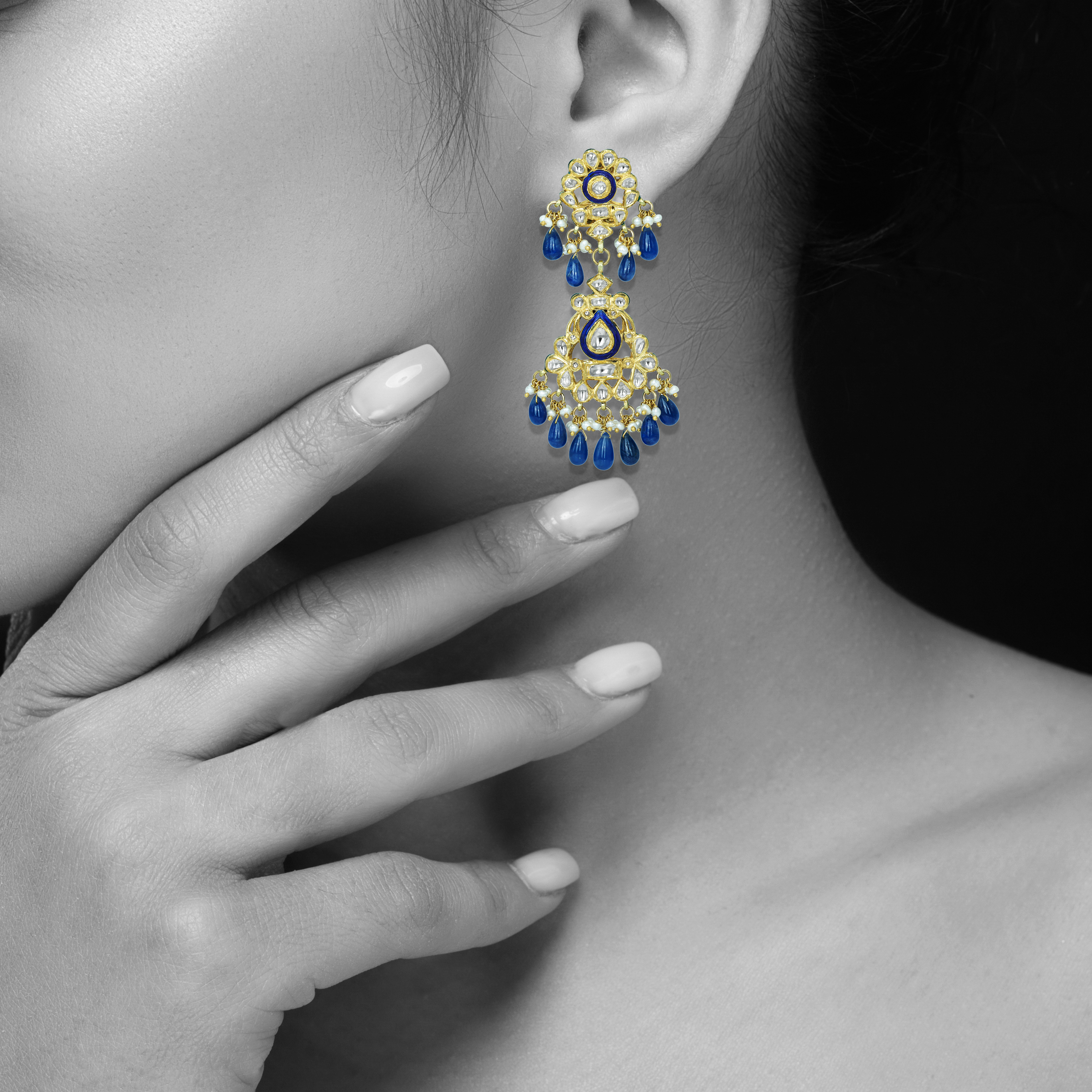 Blue Enamel Polki Earrings with Blue Drops