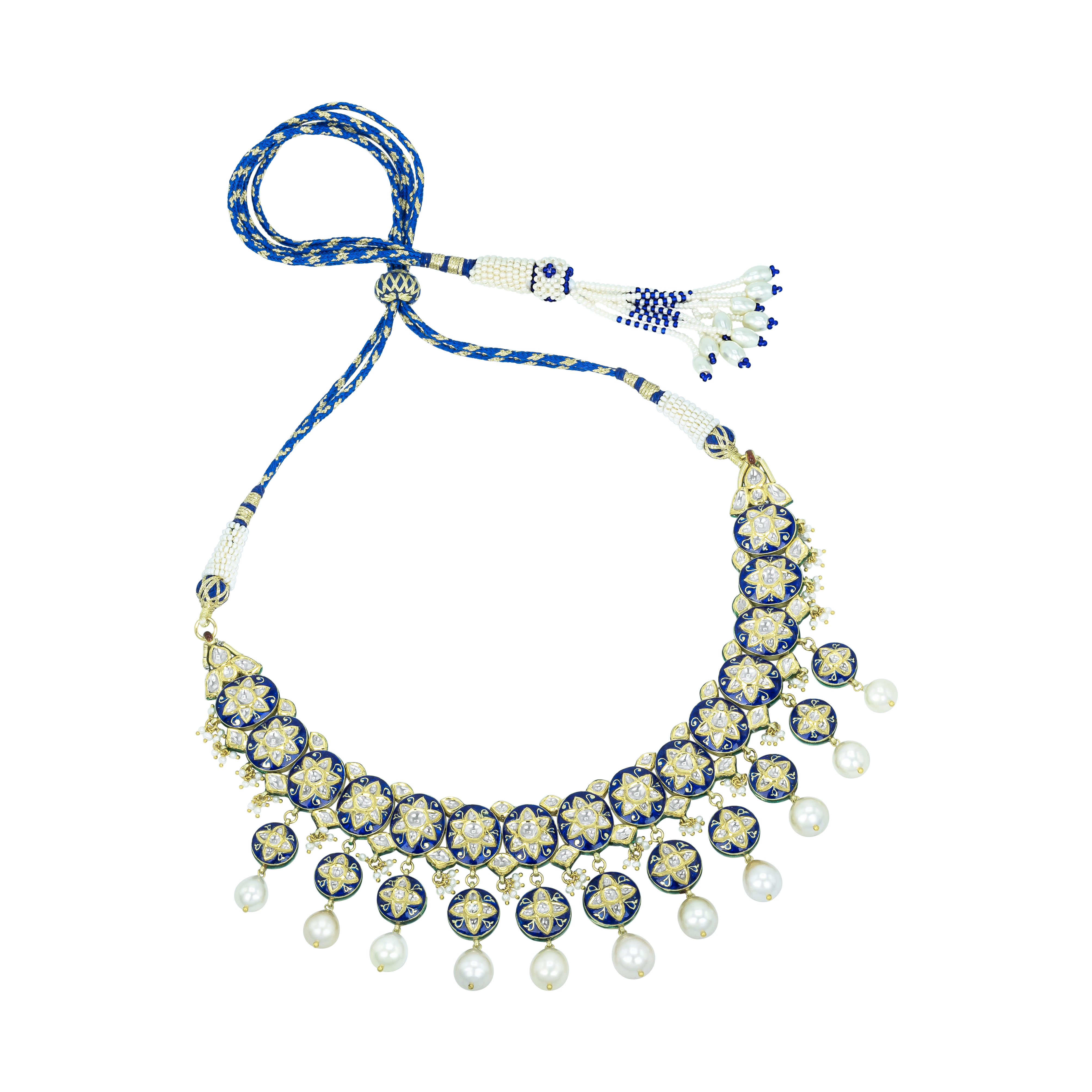 Pearl-Draped Polki Necklace with Blue Enamel Floral Motifs