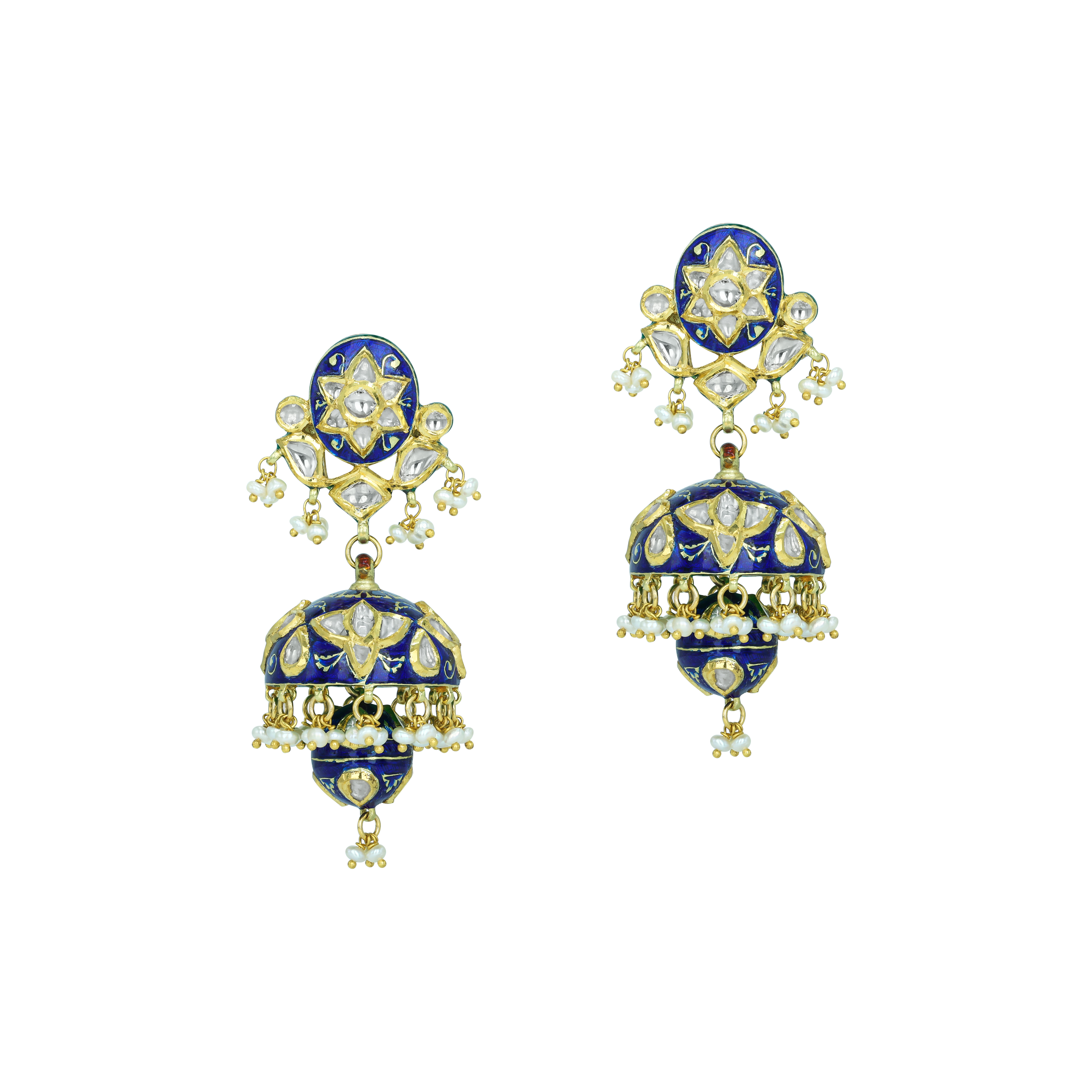 Polki Jhumki Earrings with Blue Enamel and Pearl Drops