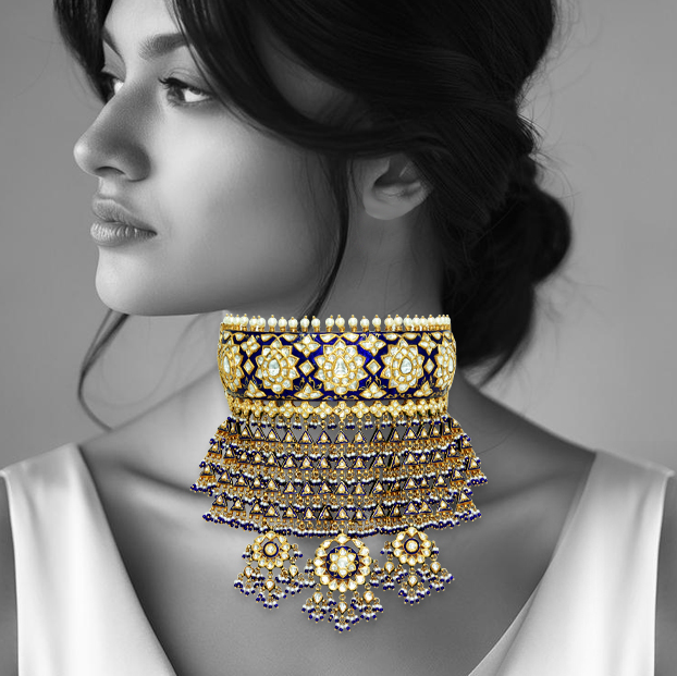Aad Choker with Polki, Blue Meenakari, Pearls, and Beads
