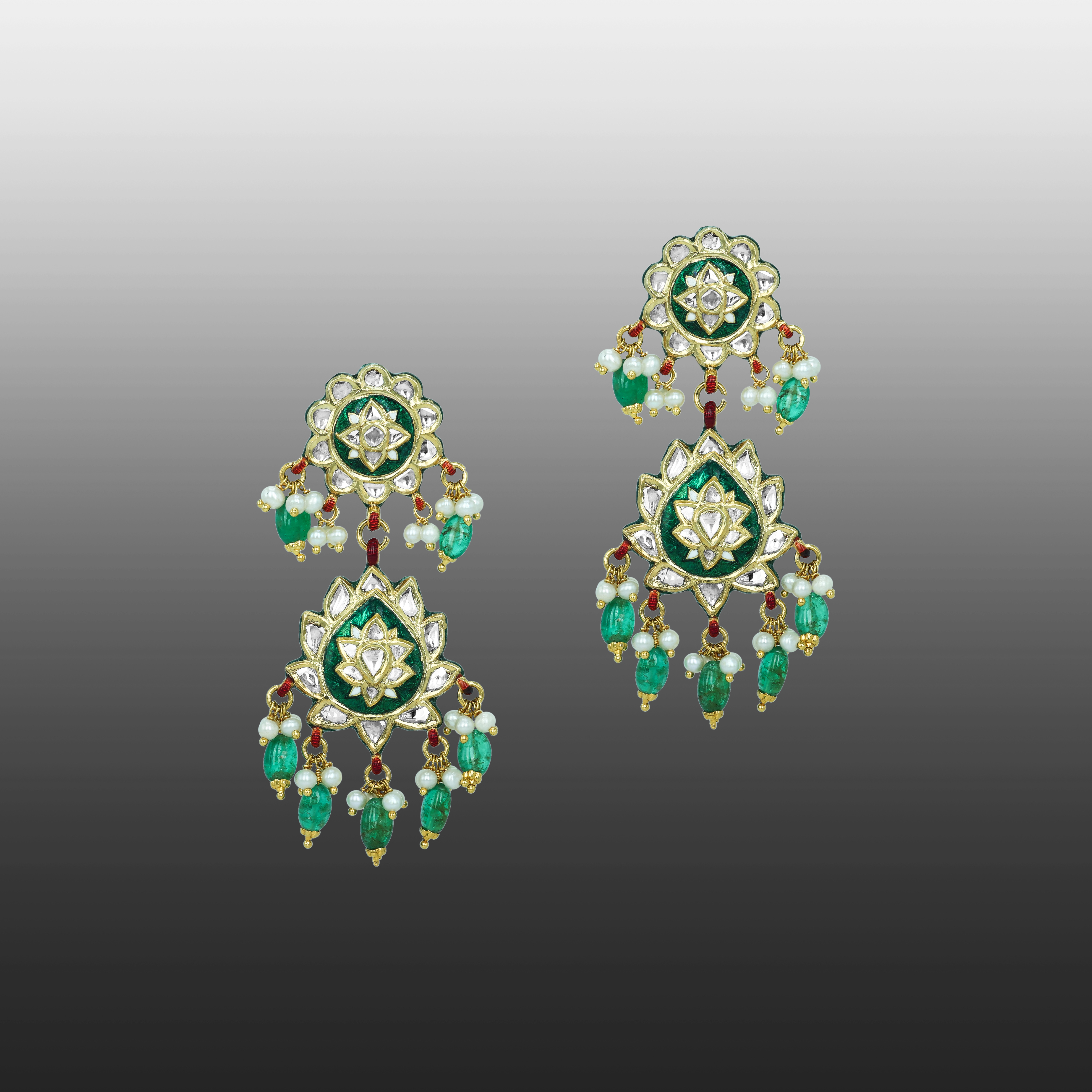 Polki Earrings with Emerald Drops and Green Enamel