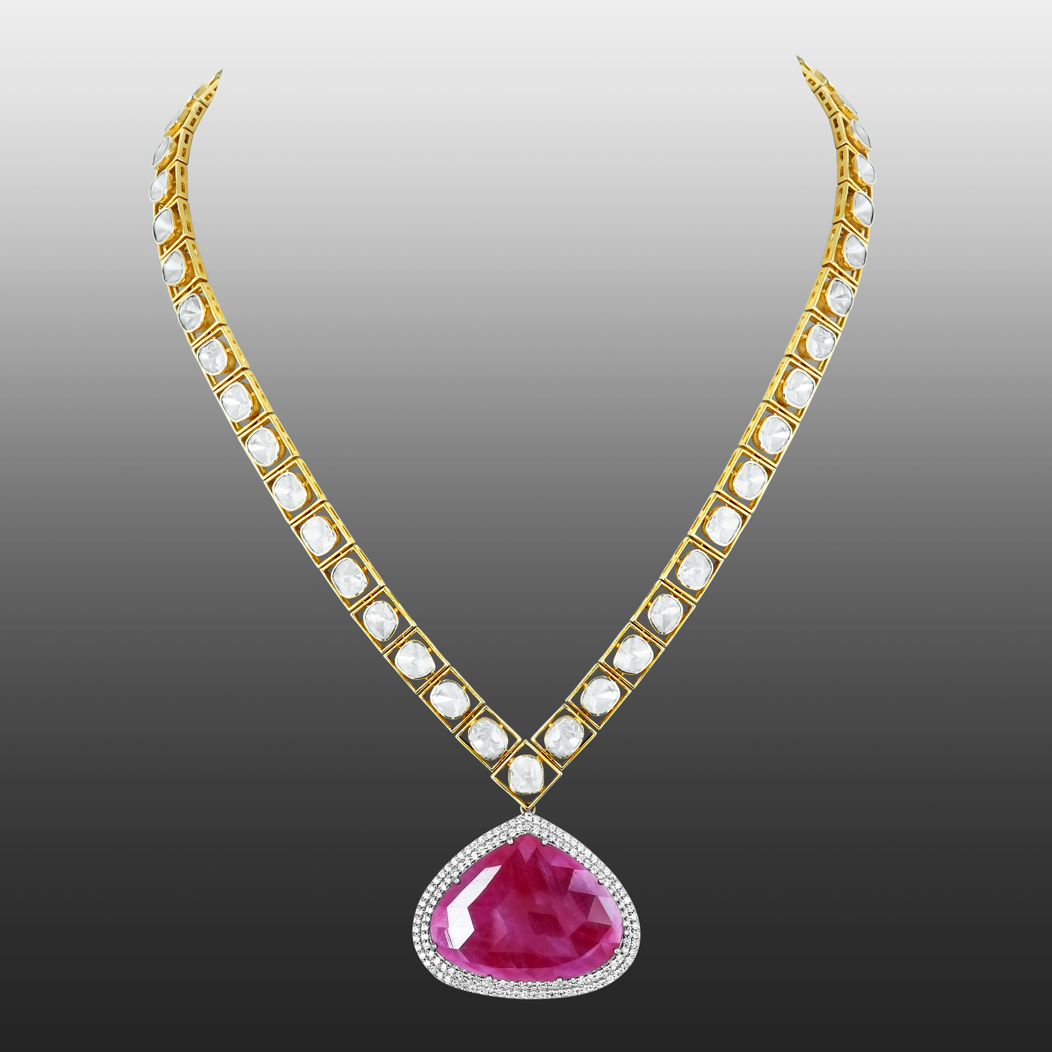 Ruby Polki Pendant Necklace Set with Diamond Halo