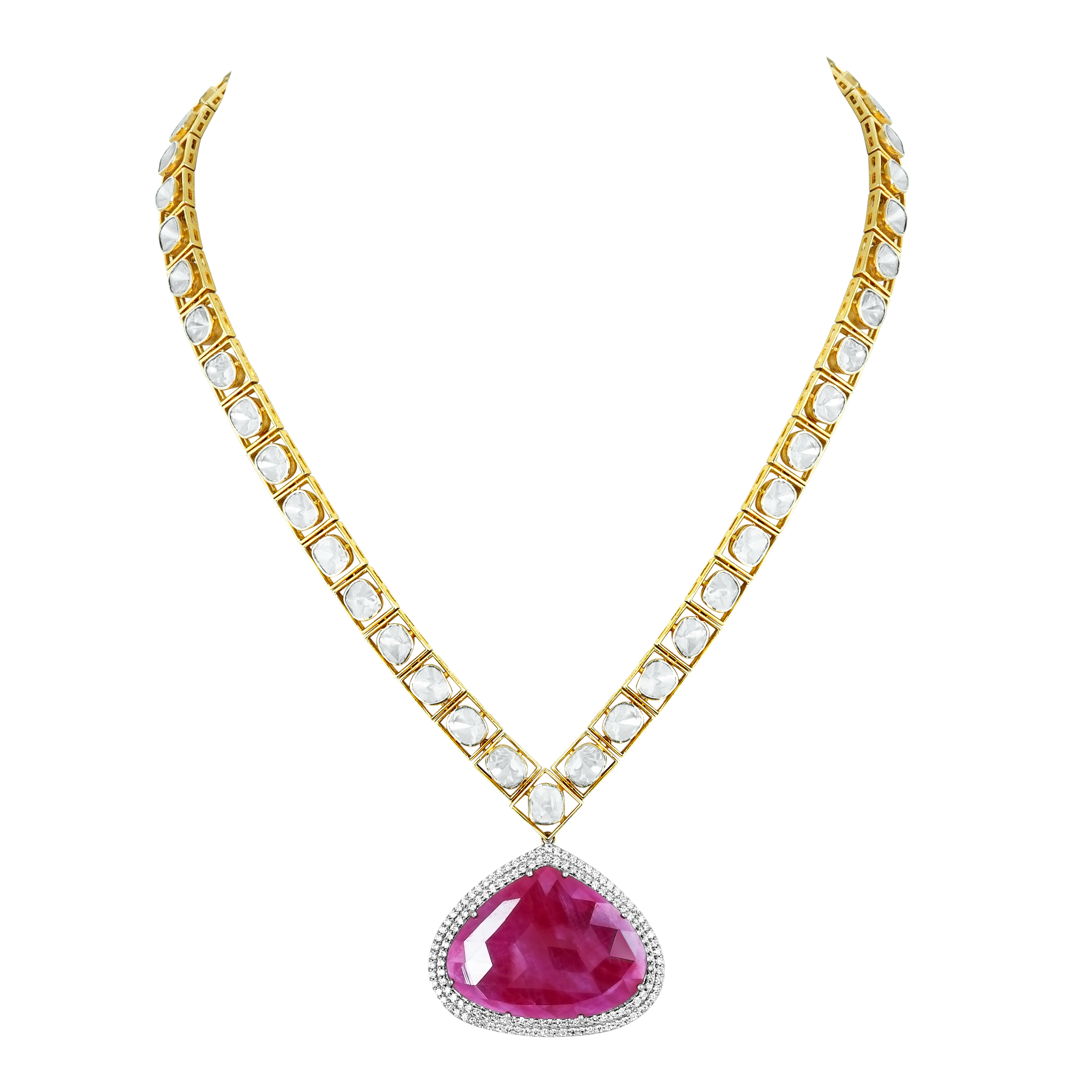 Ruby Polki Pendant Necklace Set with Diamond Halo
