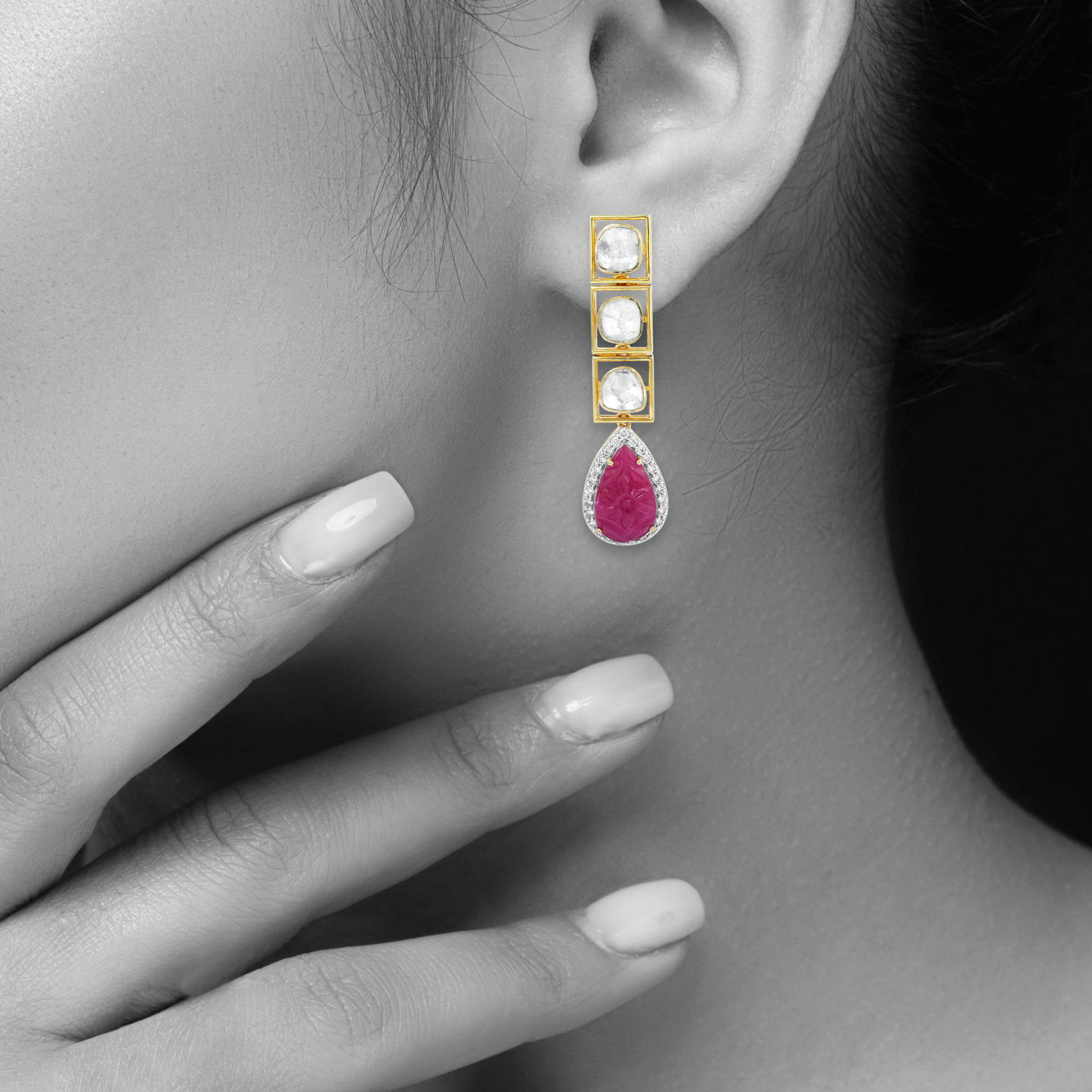 Teardrop Ruby Polki Earrings with Diamond Halo