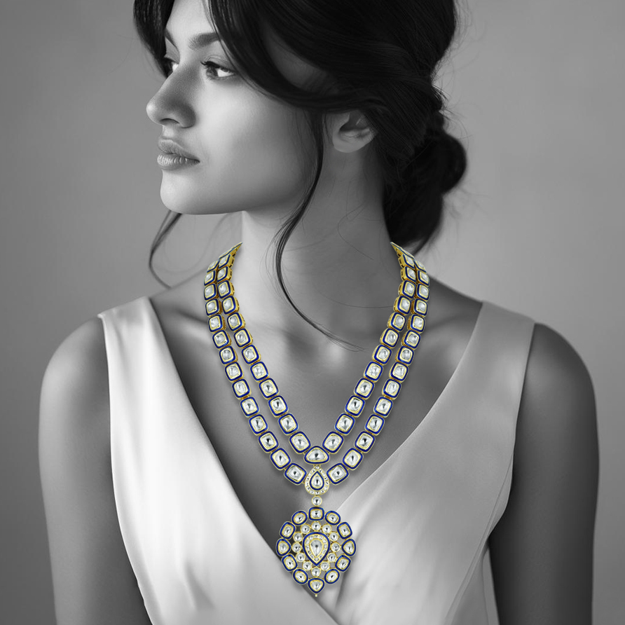 Dual-Layer Polki Necklace with Blue Enamel