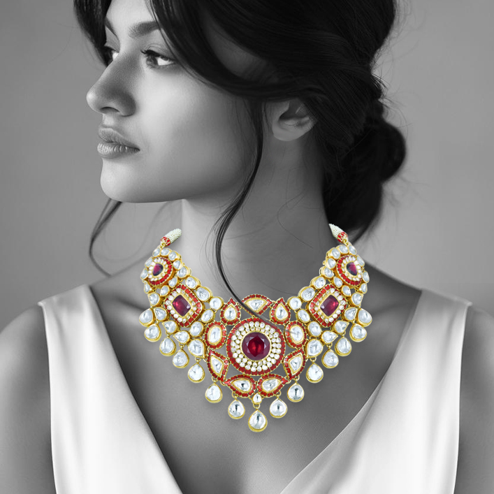 Rhodolite Polki Choker with Red Enamel and Dangling Pear Drops