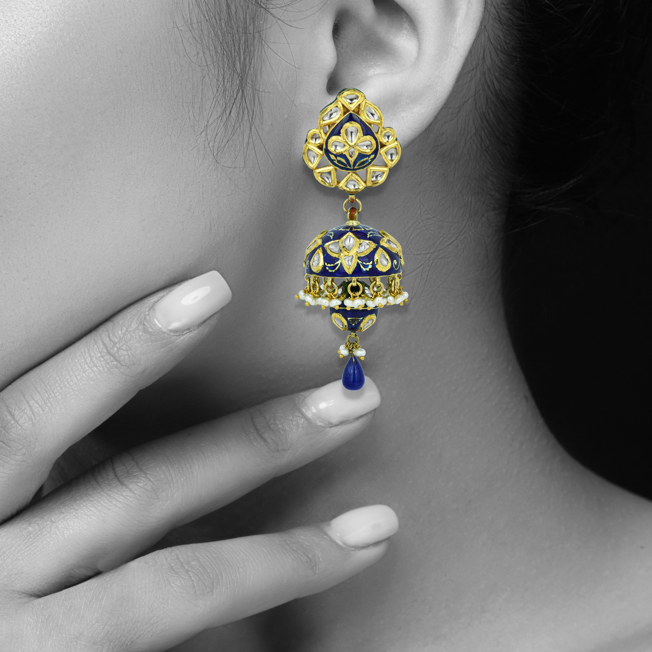 Blue Enamel Polki Jhumkas with Pearl Clusters