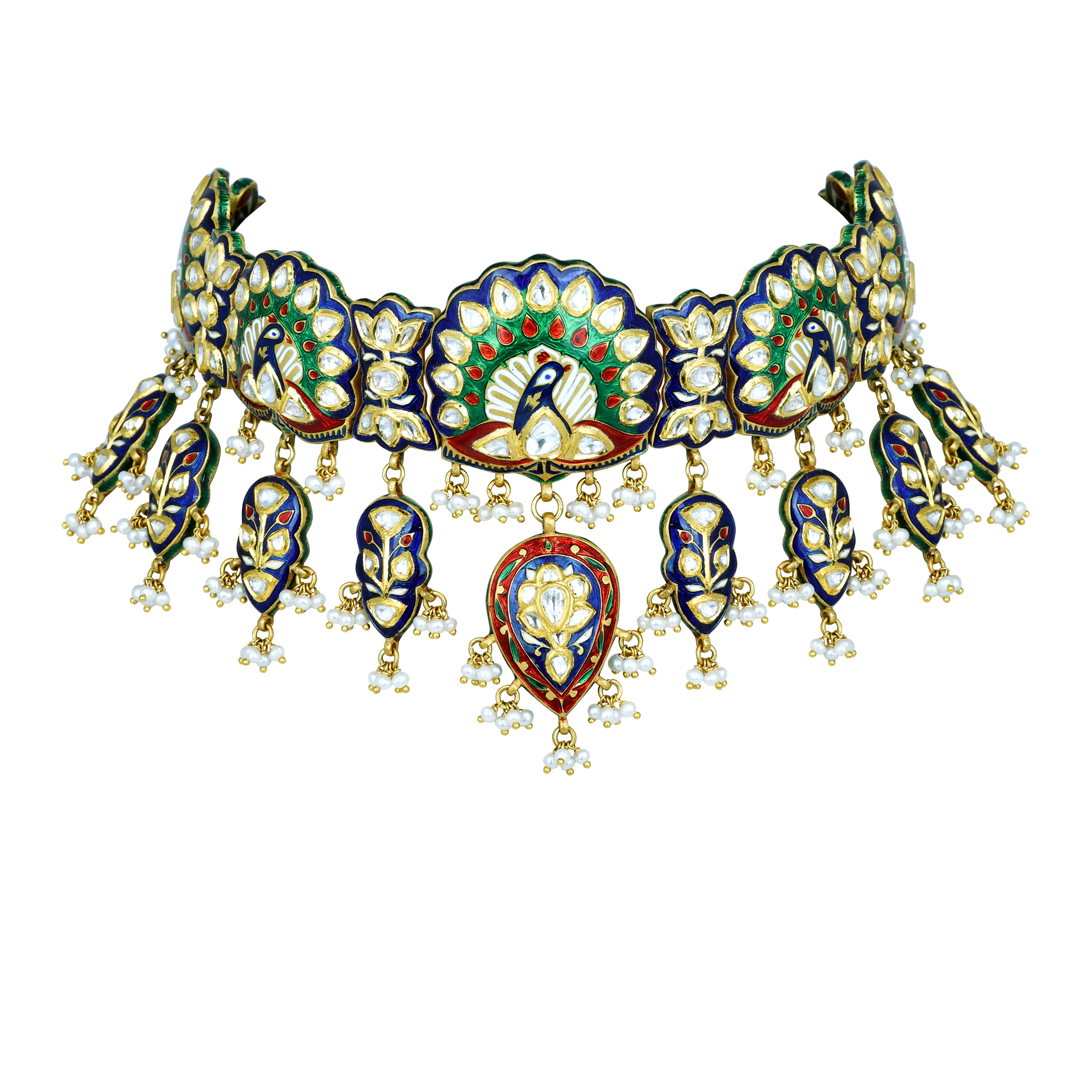Peacock Motif Choker with Polkis and Enamel Detailing