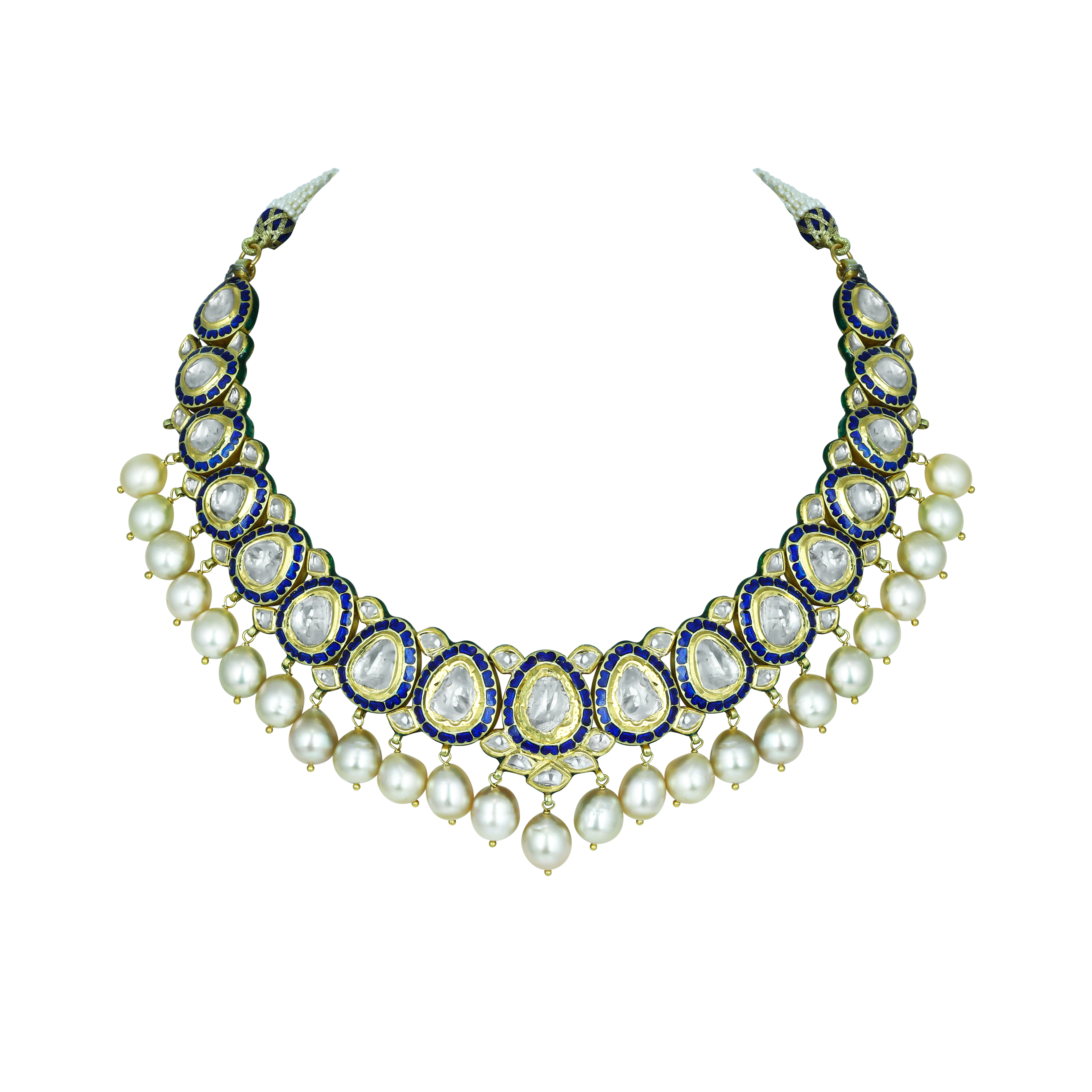 Blue Enamel Polki Necklace with Southsea Pearl Elegance