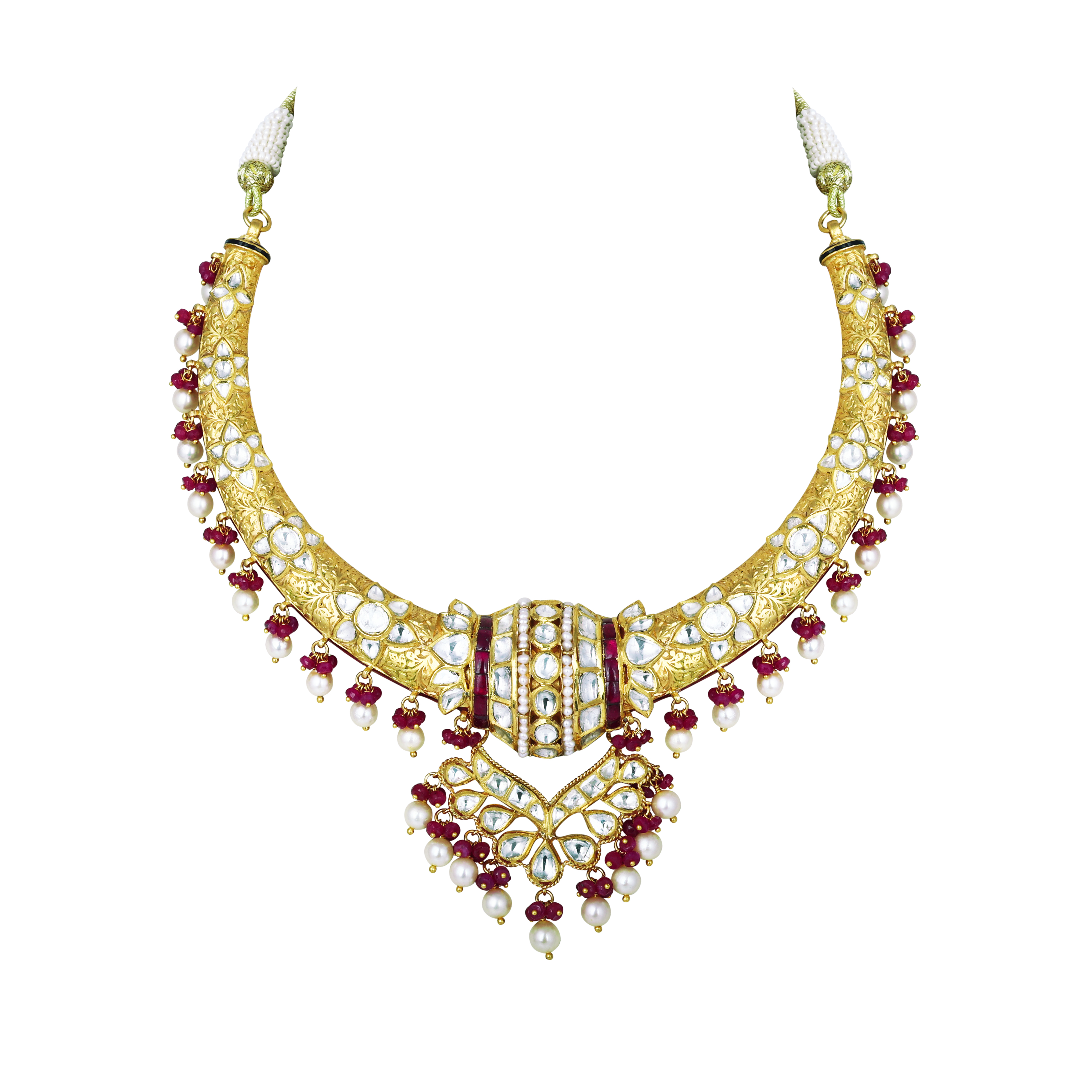 Hasli Necklace with Polki, Ruby Beads, and Pearls