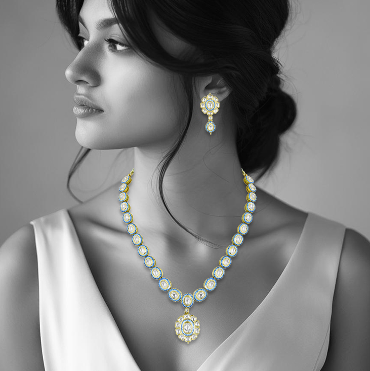 Turquoise Enamel Floral Polki Necklace