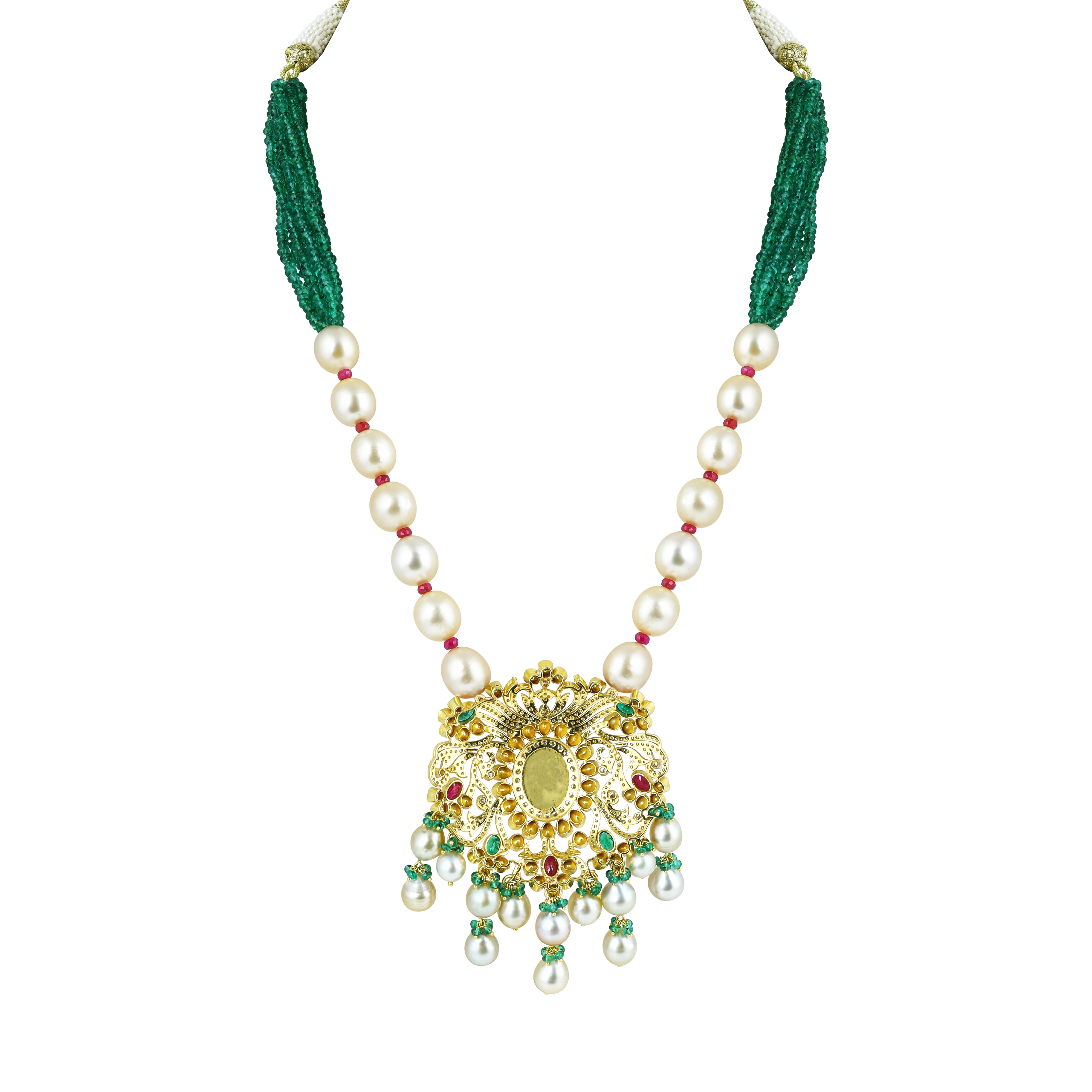 Opal Polki Pendant Necklace with Emeralds and Pearl Strands