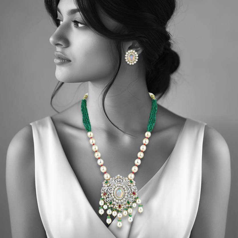 Opal Polki Pendant Necklace with Emeralds and Pearl Strands