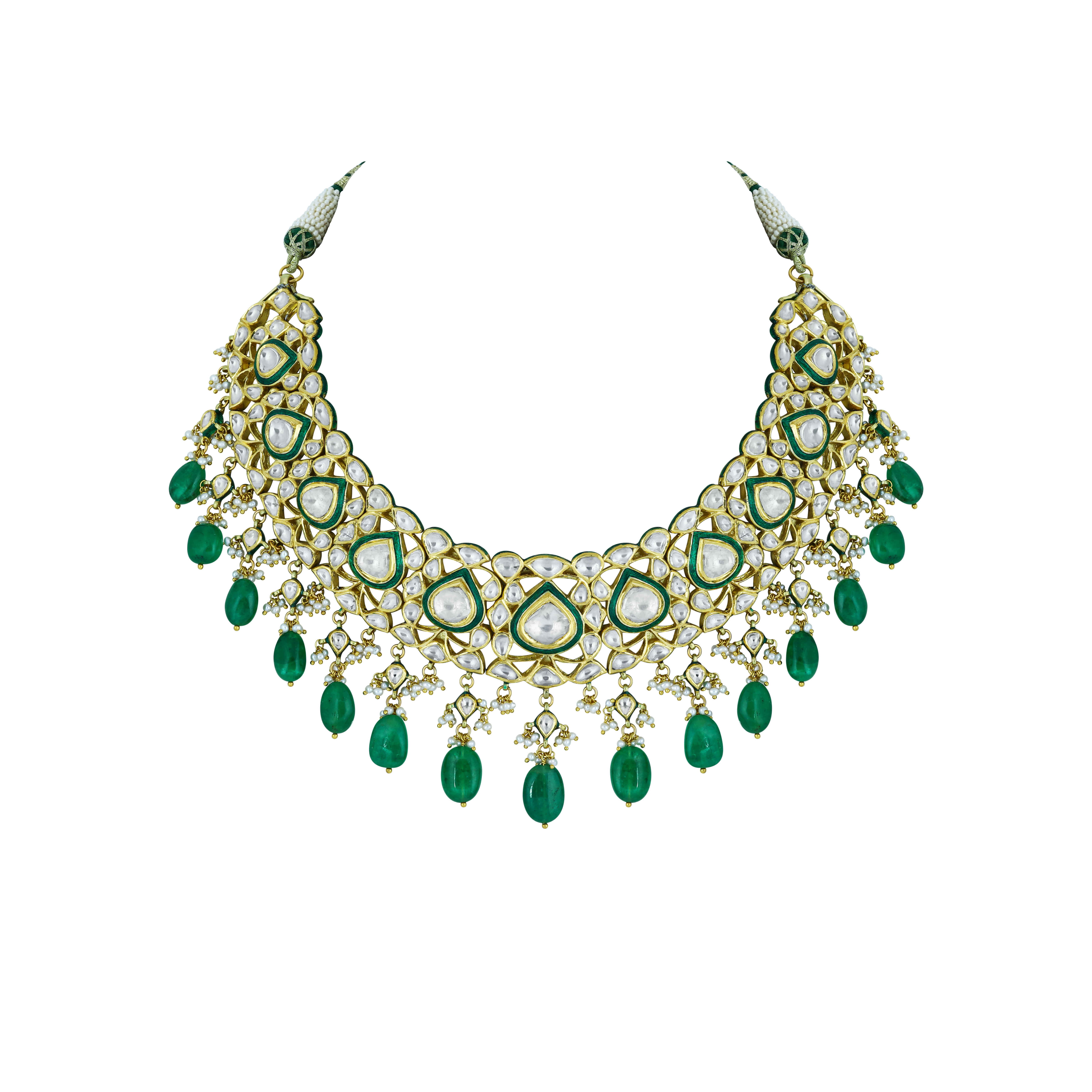 Polki Necklace with Green Enamel and Emerald Drops