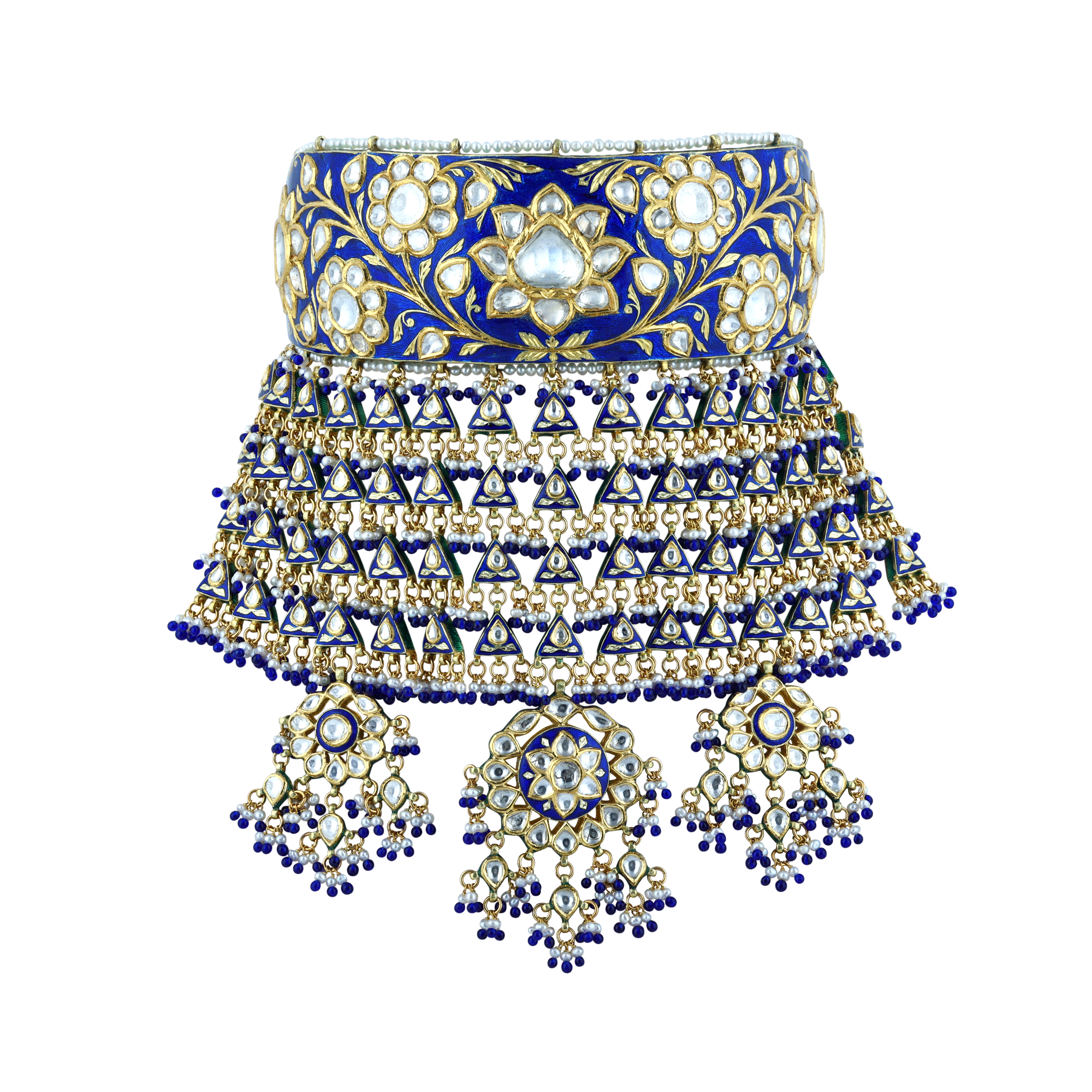 Blue Meenakari Polki Choker with Cascading Drops and Tri-Pendants