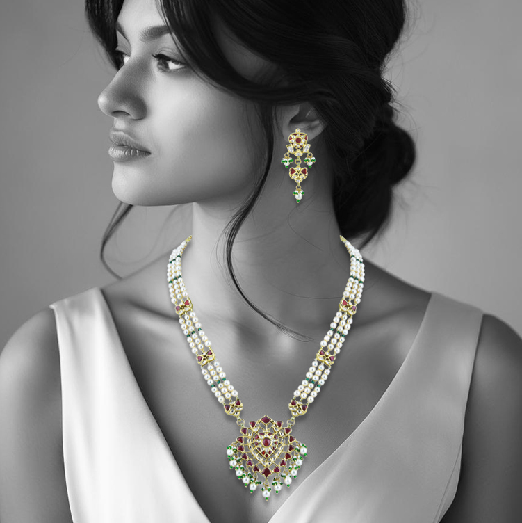 Pearl Pendant Necklace with Emerald Beads and Ruby Colour stones