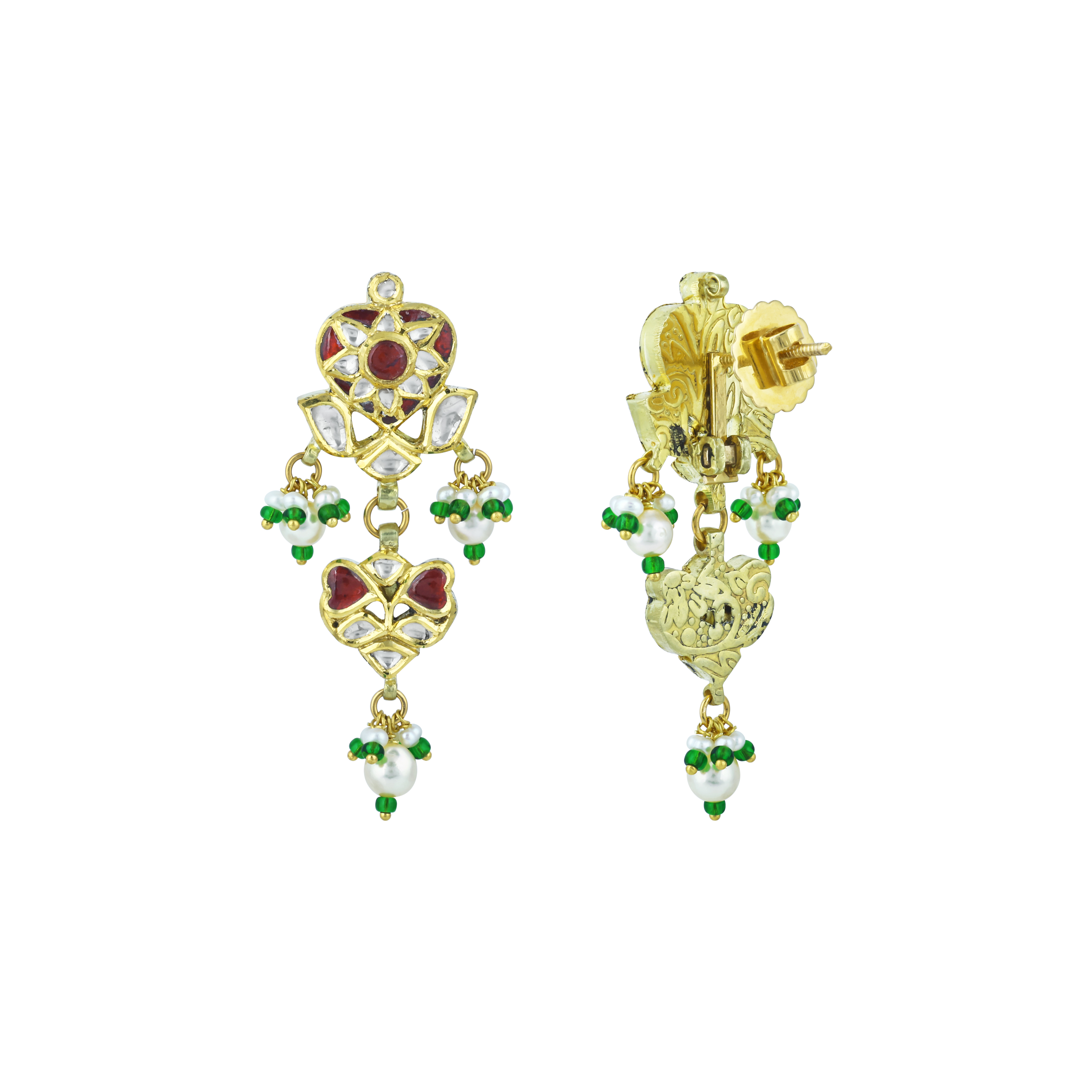 Polki Earrings with Ruby Colour Stone, Pearl Drops, and Emerald Beads
