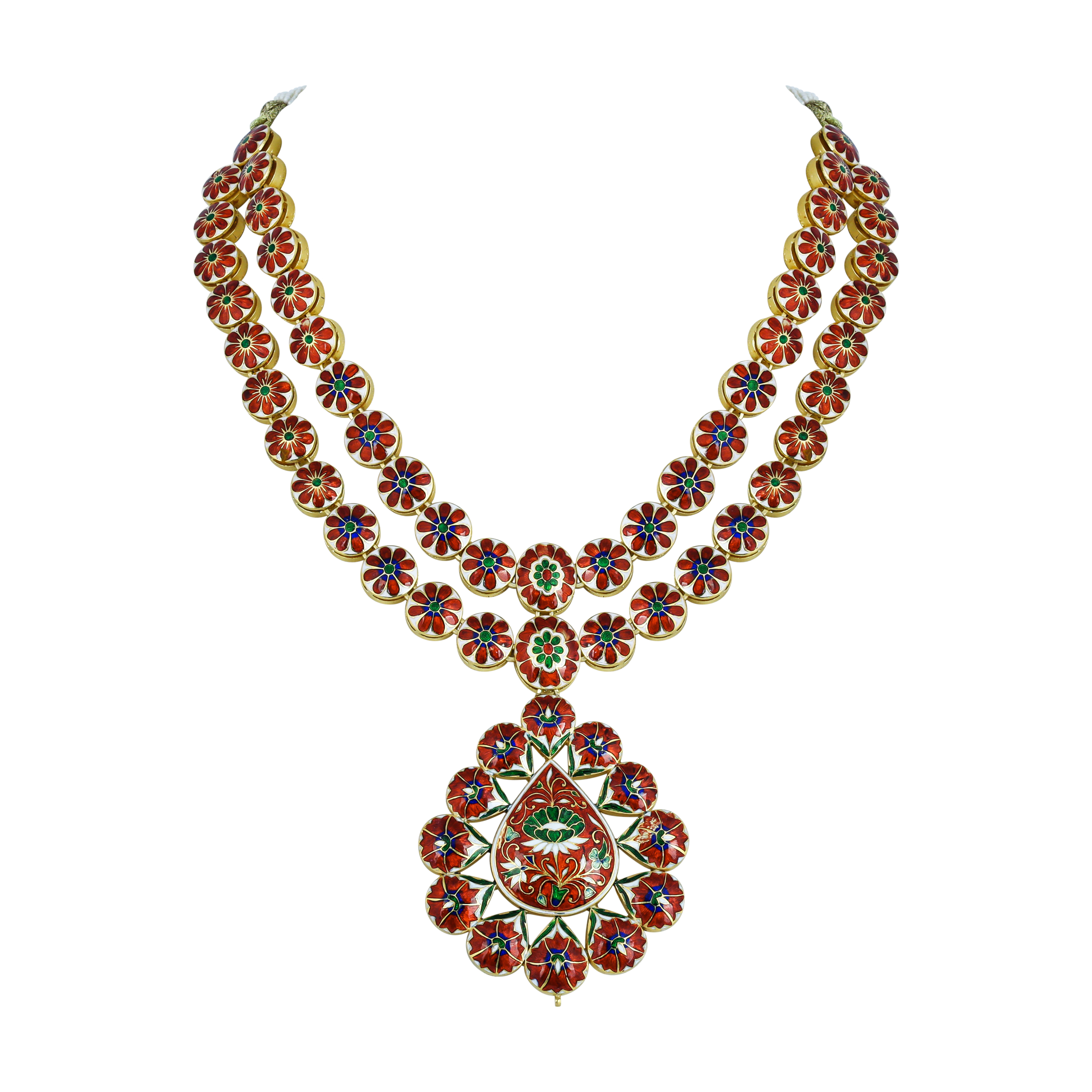 Double-Layer Polki Necklace with Floral Pendant