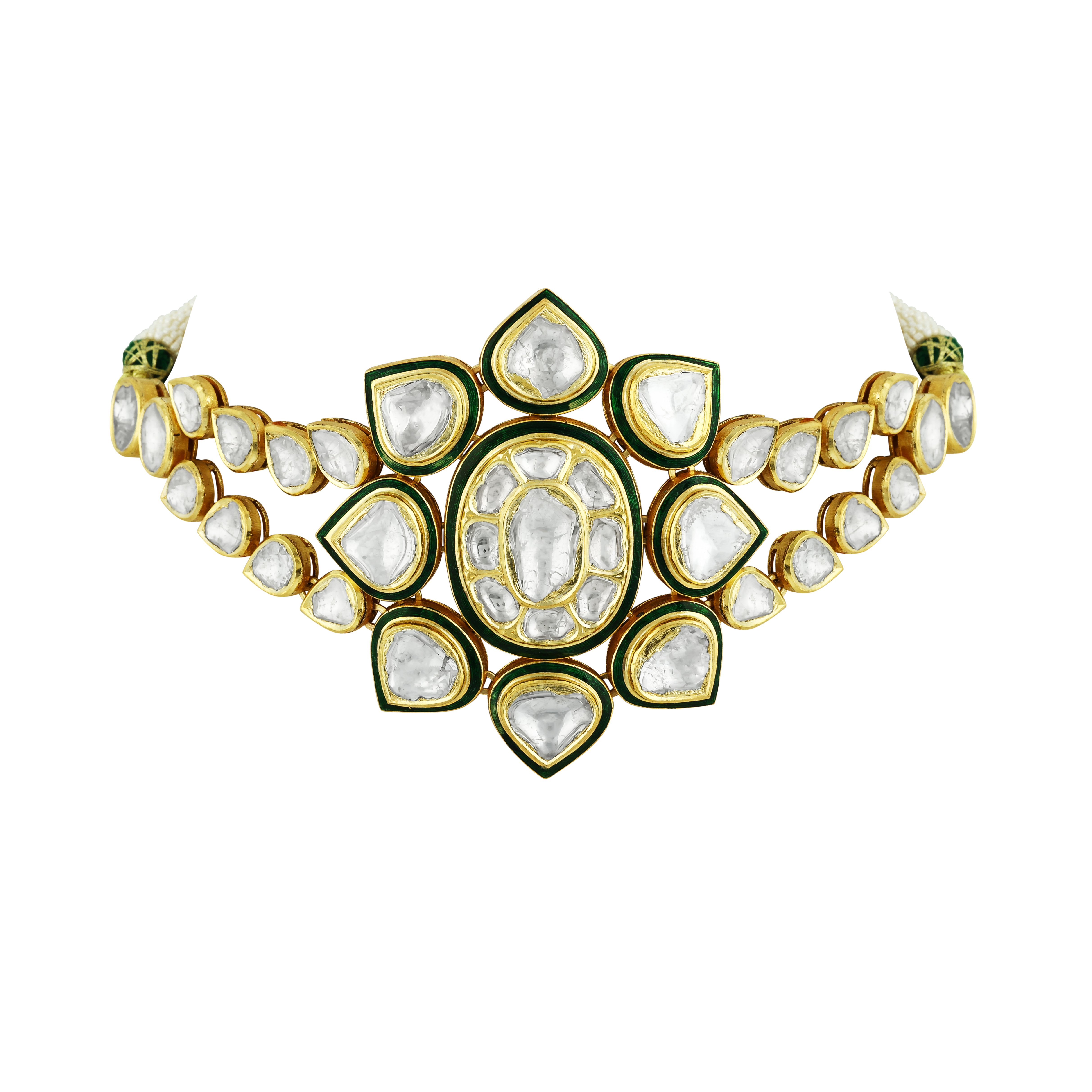 Flower Polki Choker with Green Enamel and Dual Polki Strings