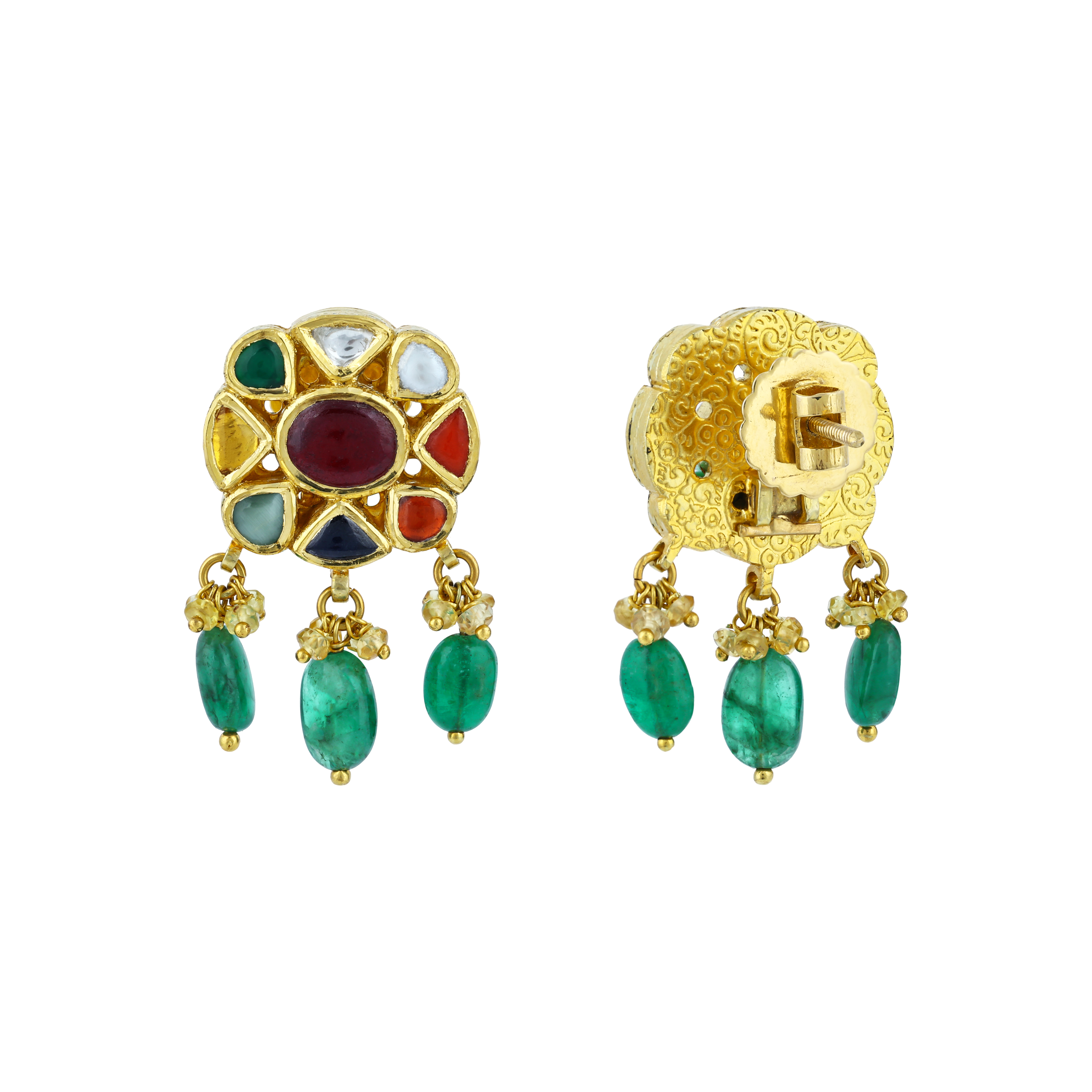 Floral Navratna Earrings with Multi-coloured Gemstones and Emerald Drops