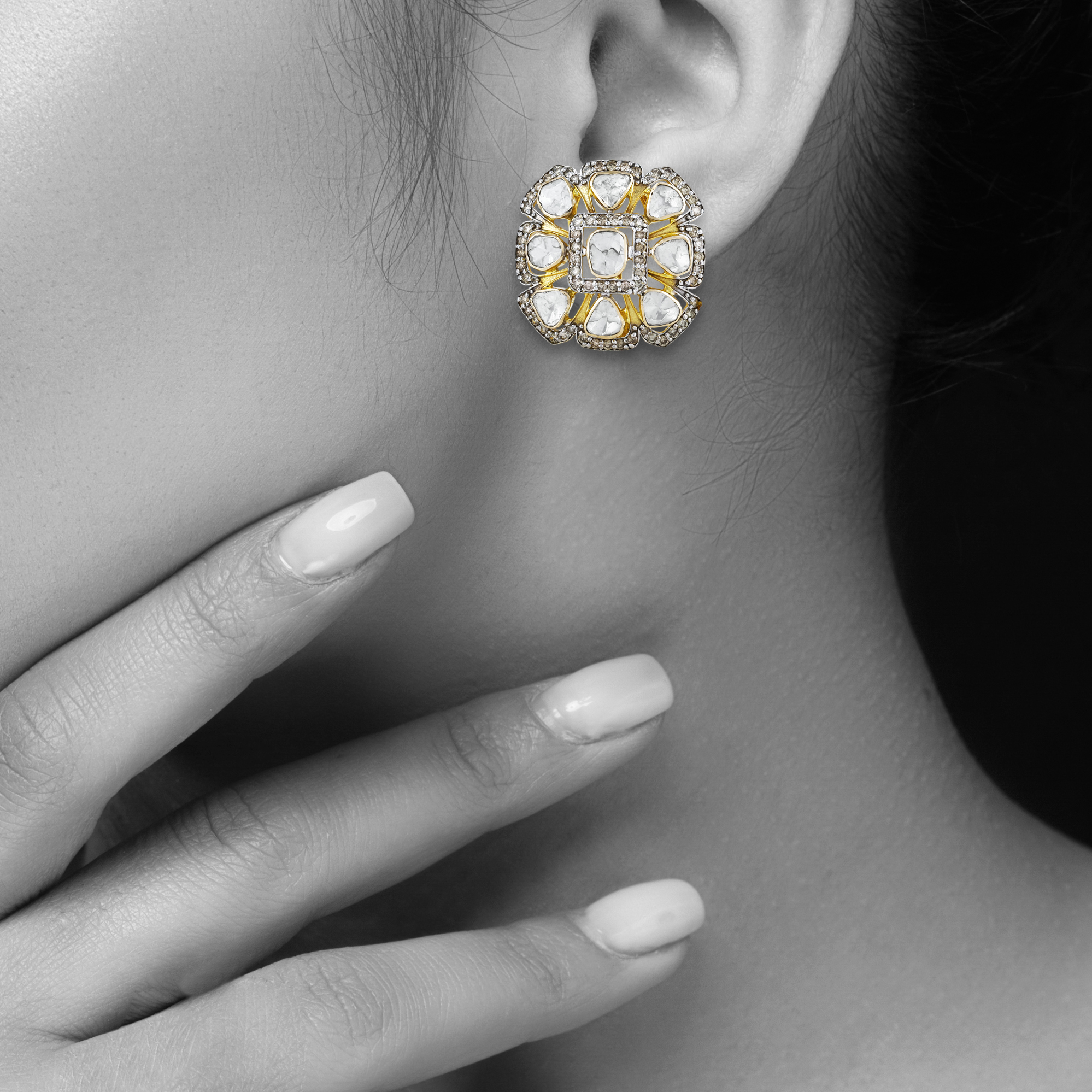 Floral Motif Earrings with Polkis and Diamond Borders