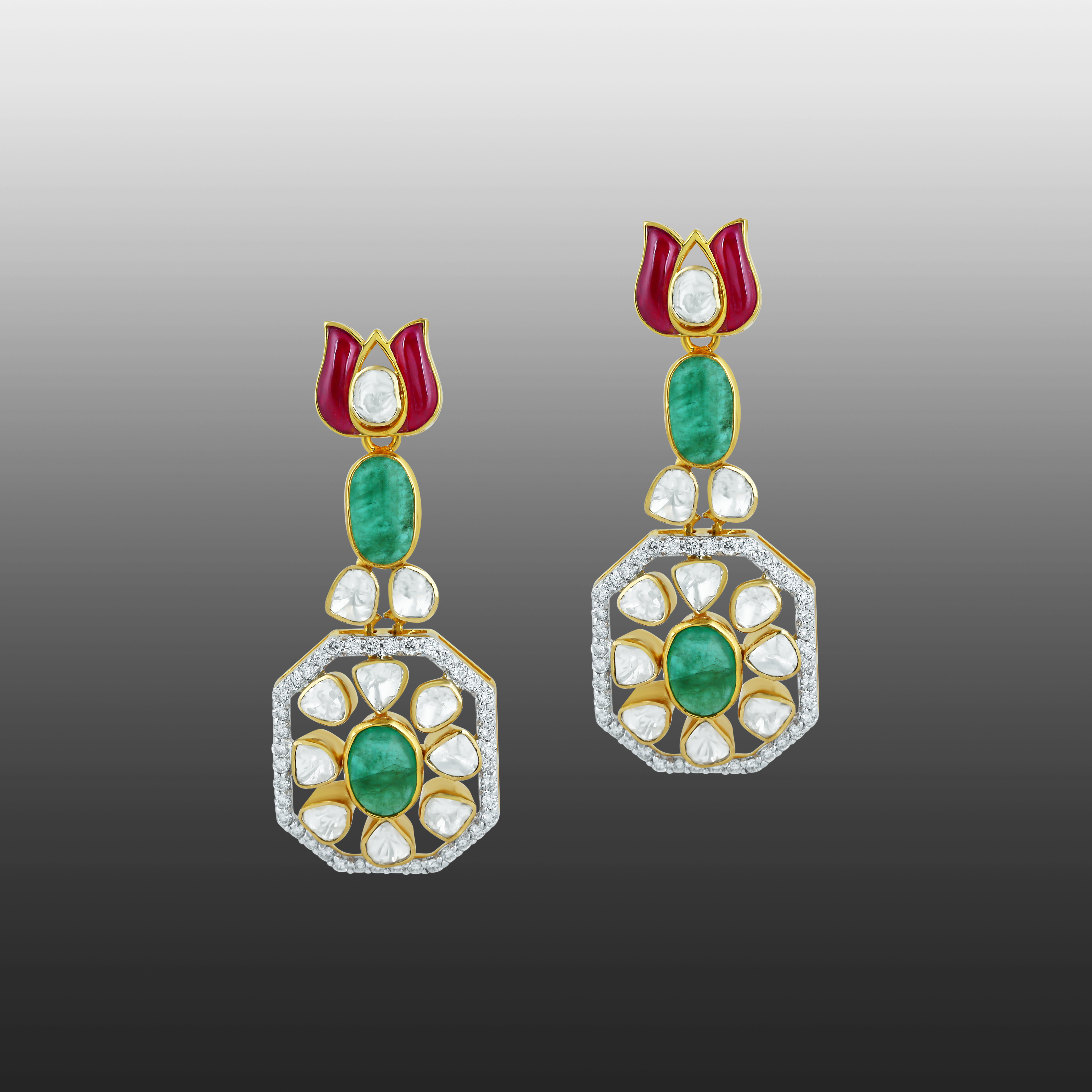 Ruby & Emerald Earrings with Diamond Polki Halo