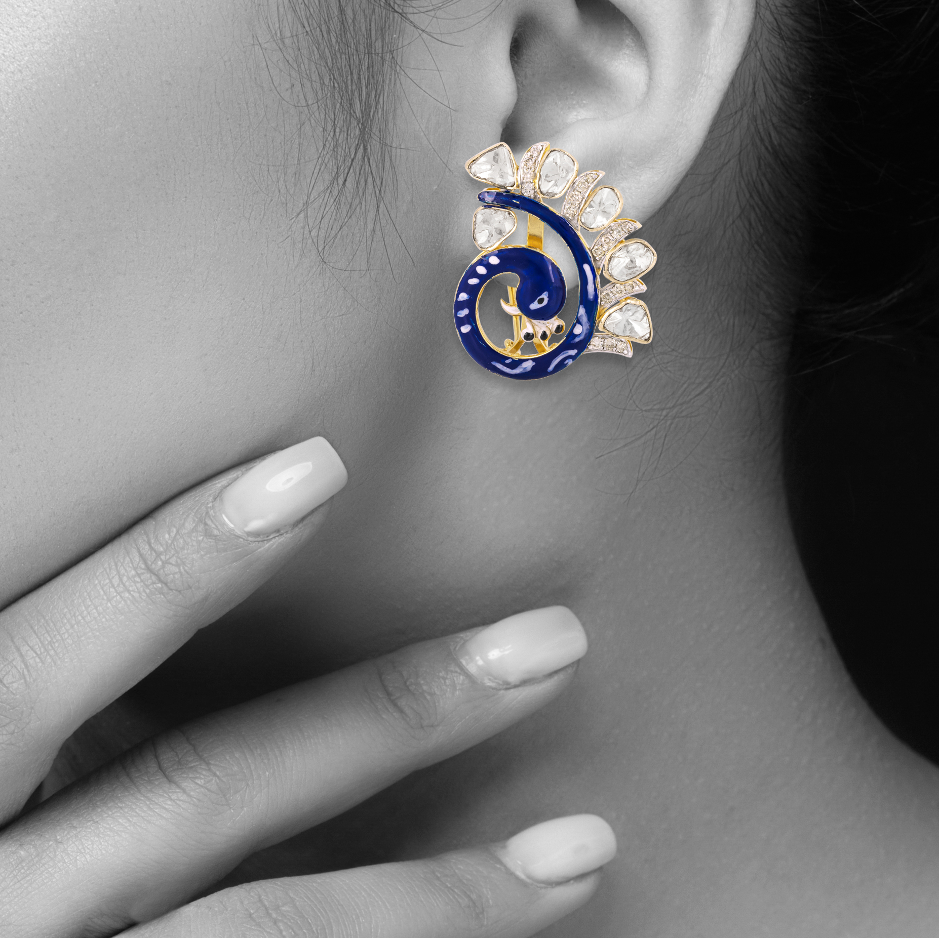 Peacock Earrings with Blue Enamel, Shimmering Diamonds and Polkis