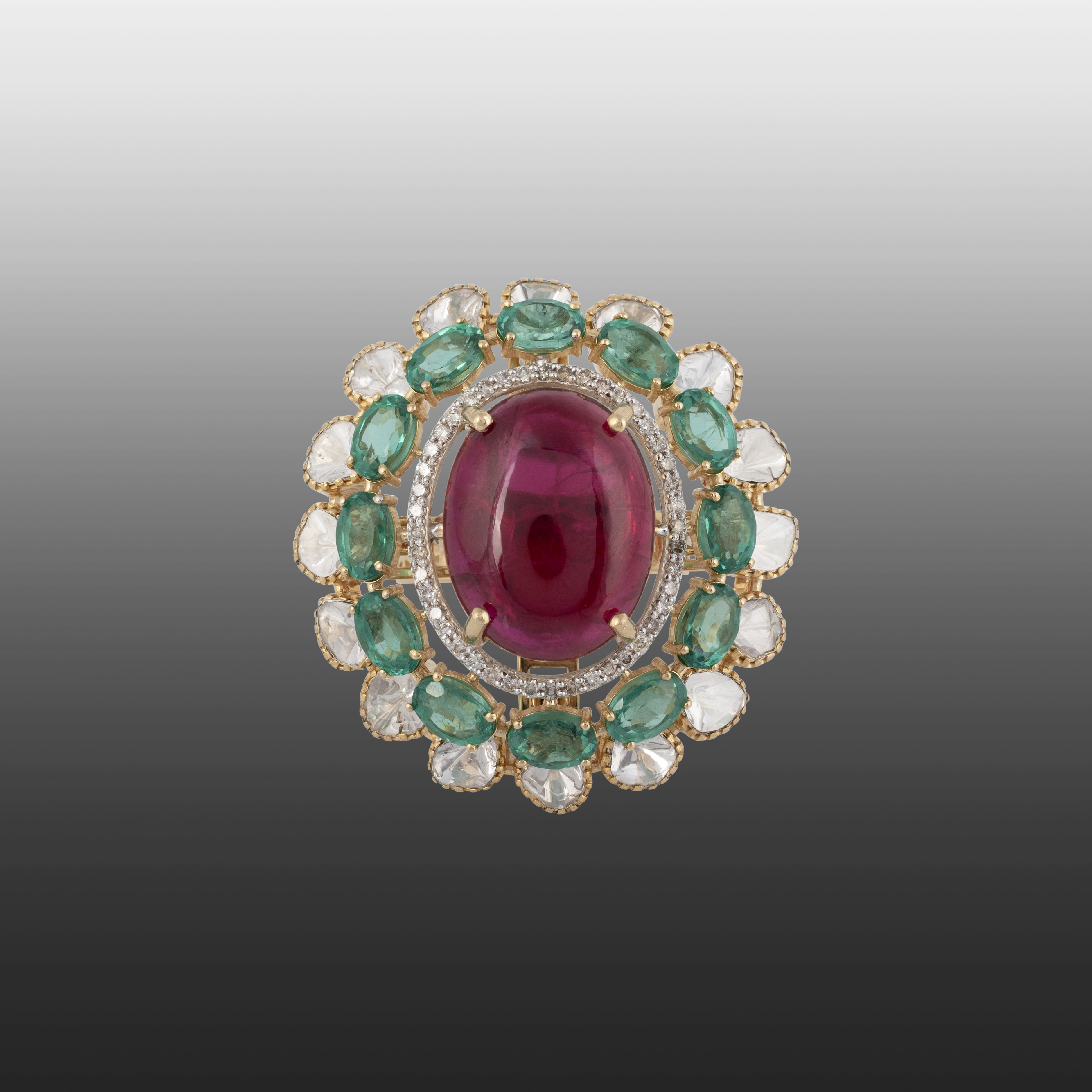 Regal Tourmaline with Green Cut Stone Ring in Open Polki