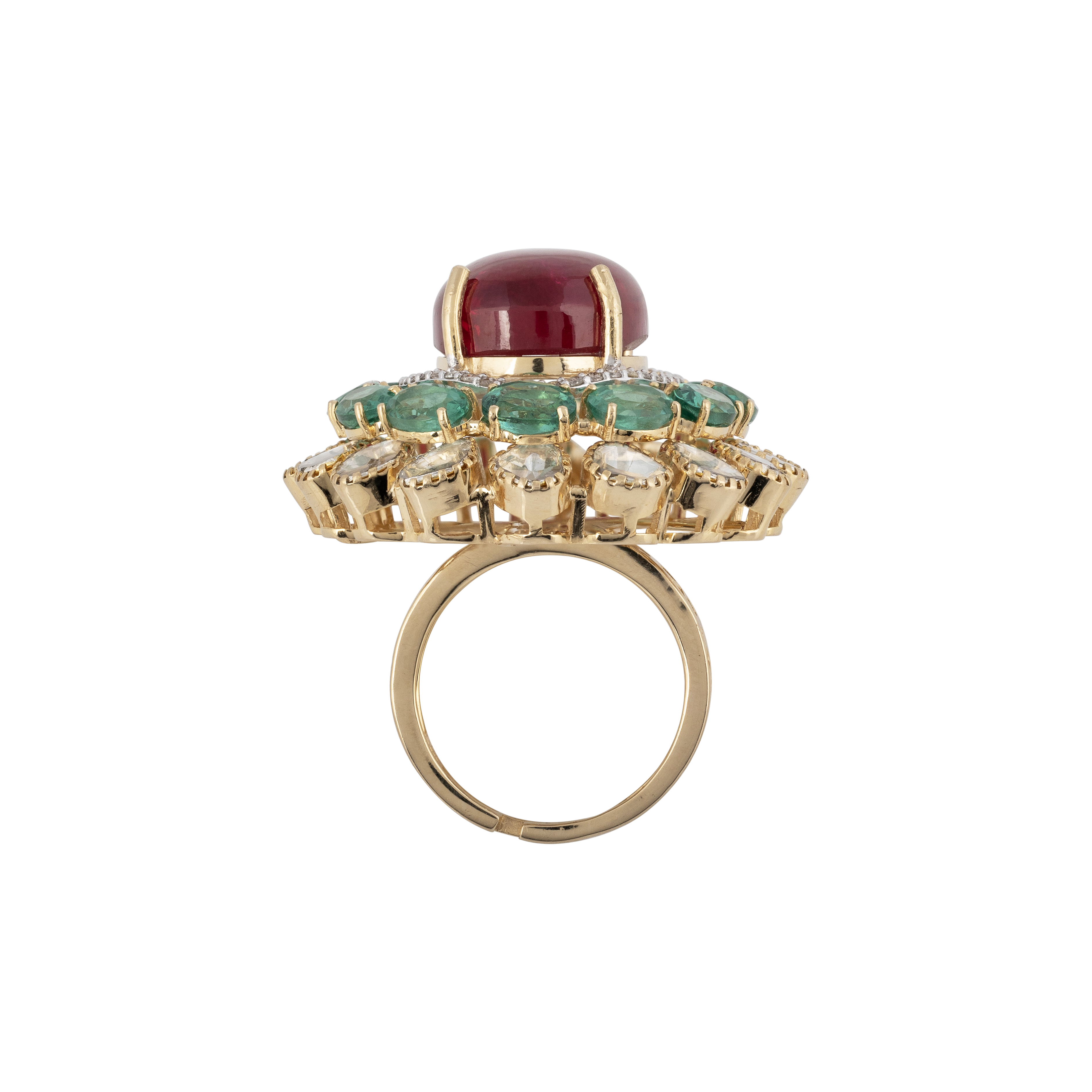 Regal Tourmaline with Green Cut Stone Ring in Open Polki