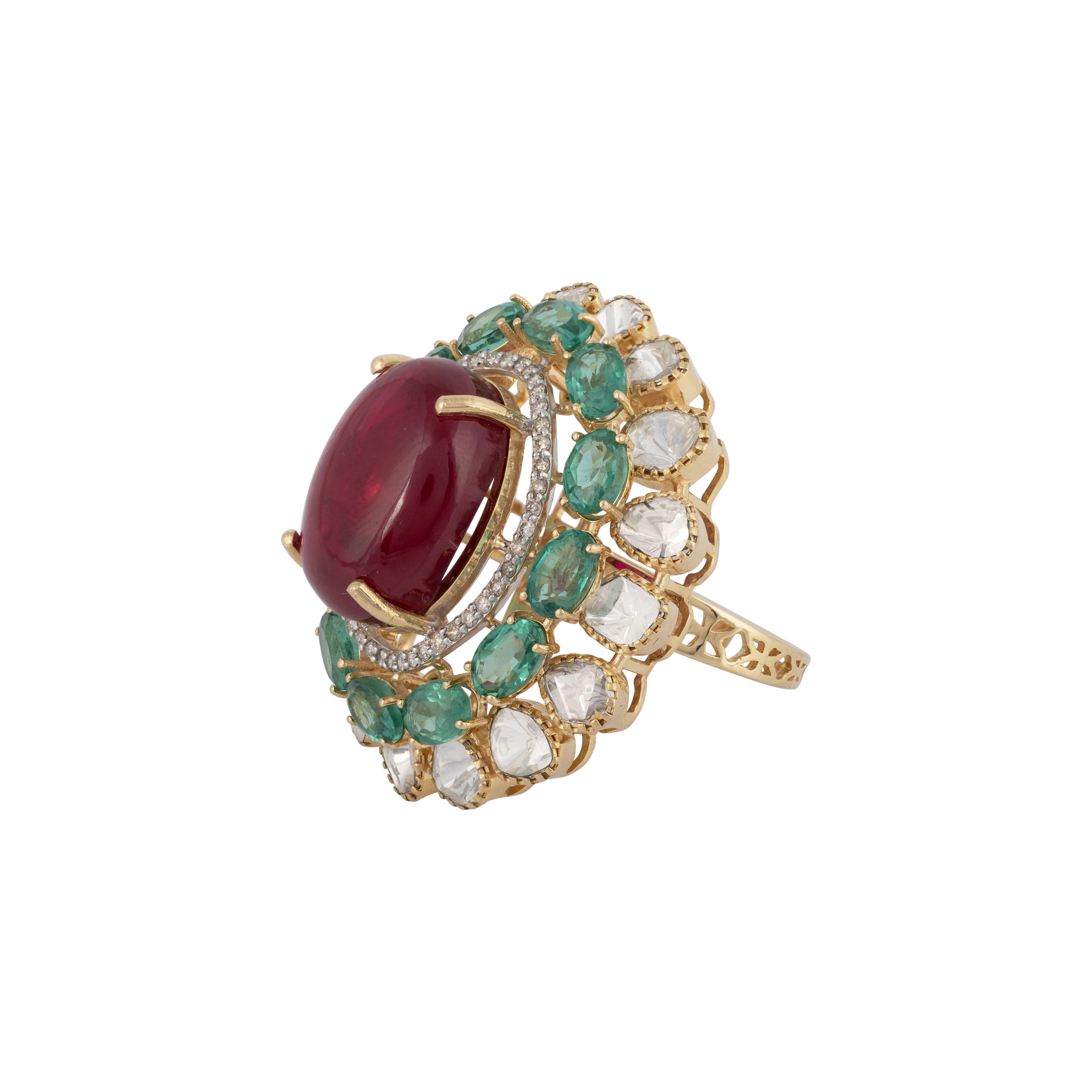 Regal Tourmaline with Green Cut Stone Ring in Open Polki