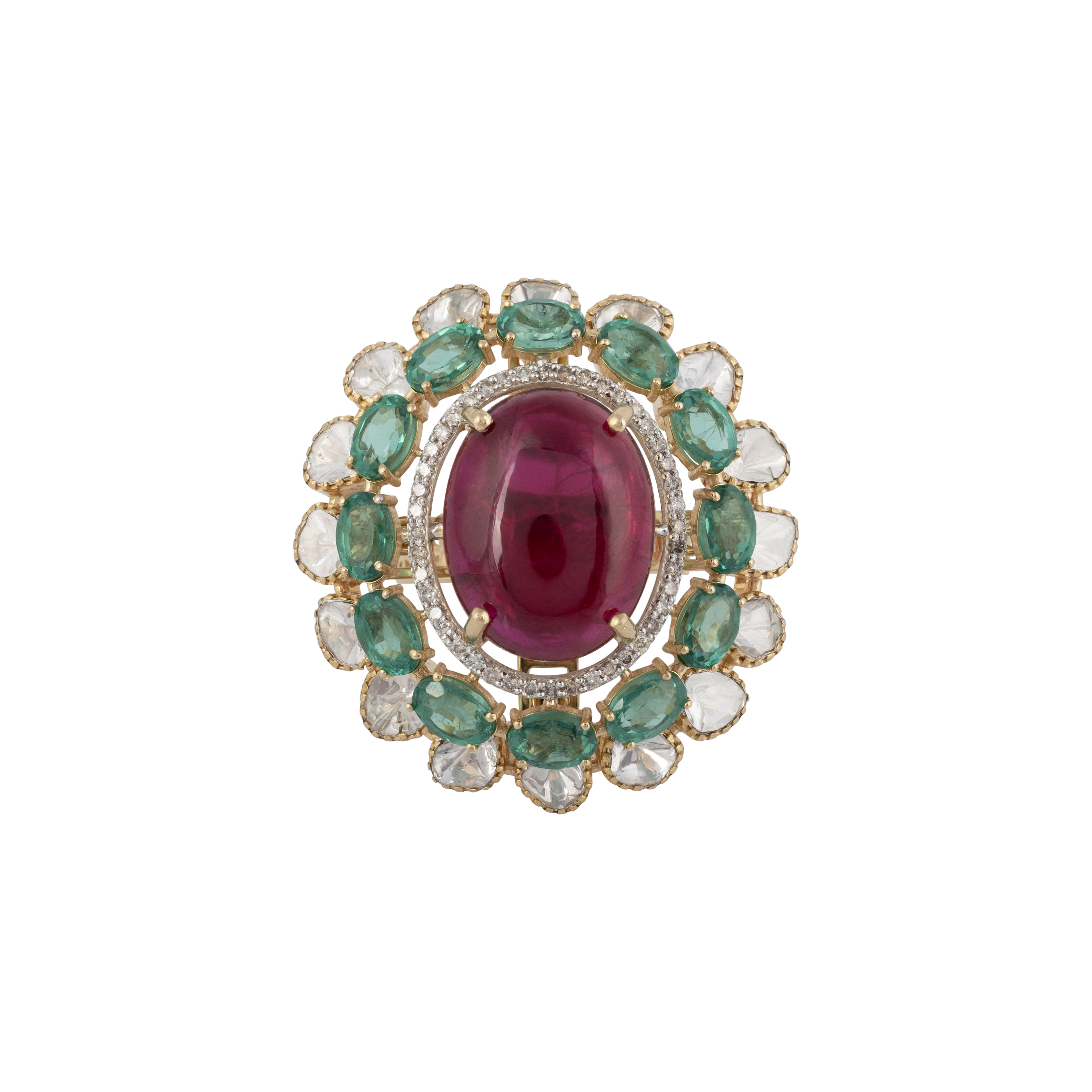 Regal Tourmaline with Green Cut Stone Ring in Open Polki
