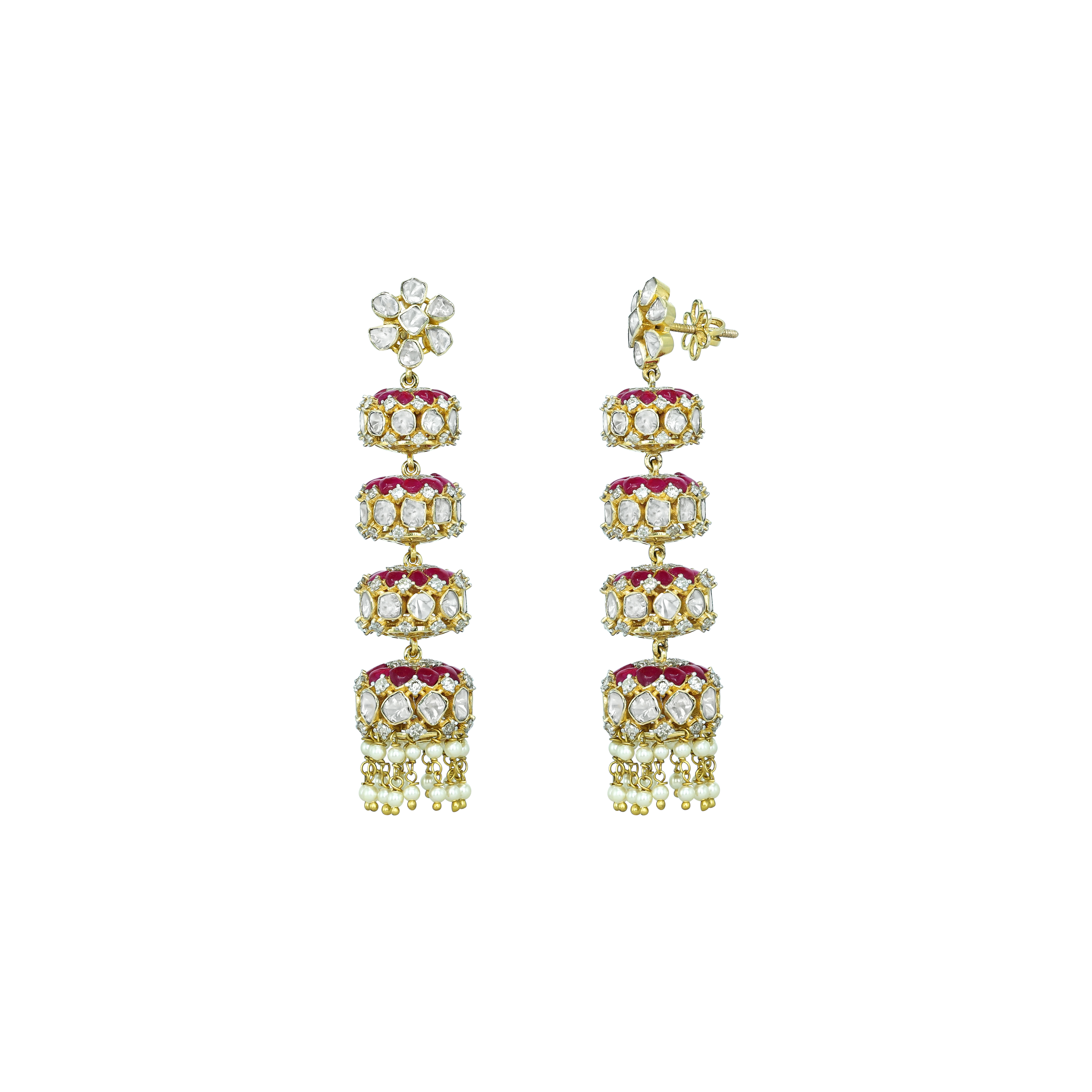 Tiered Polki Earrings with Red Talaf stone and Pearl Drops